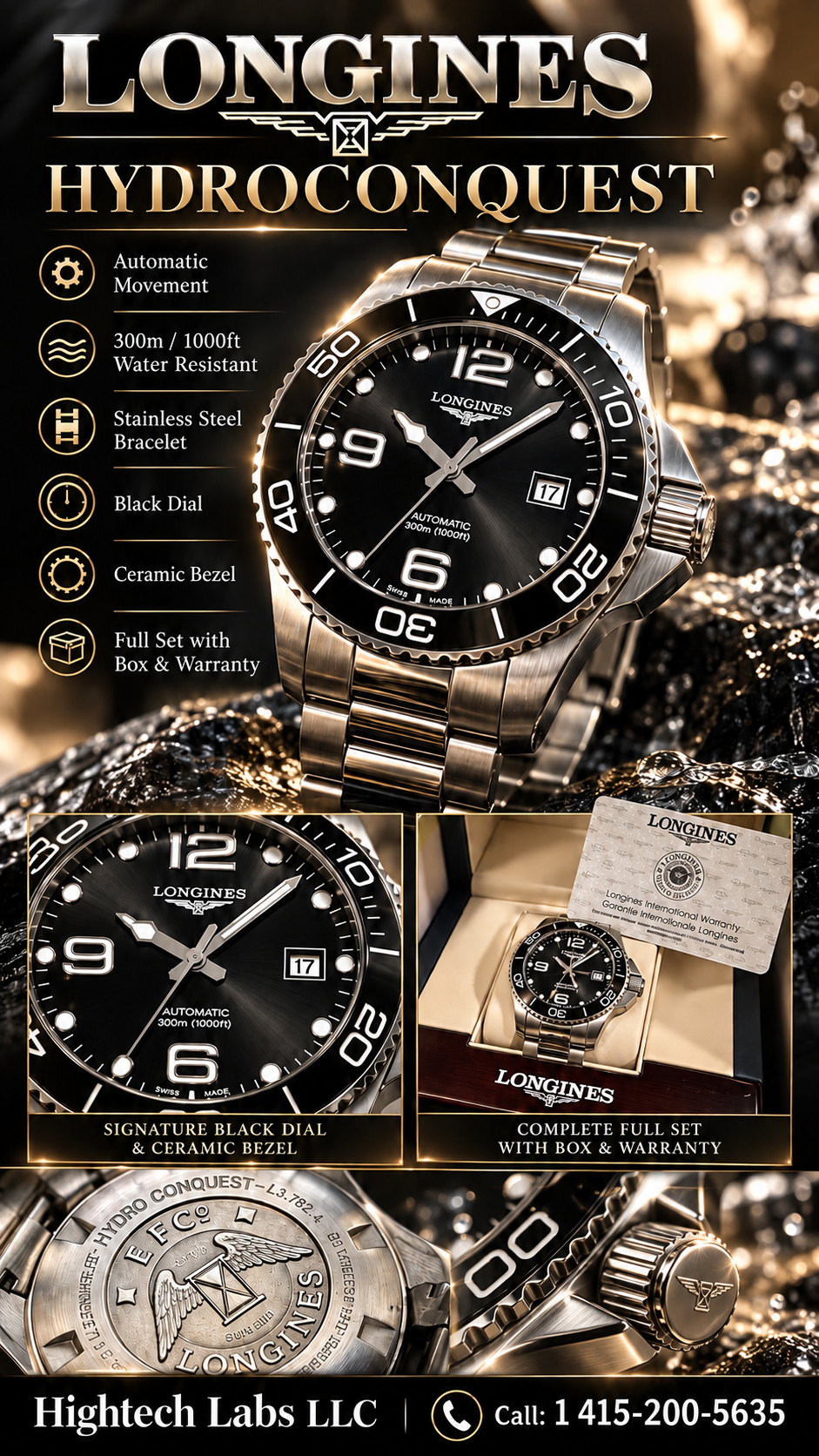 Longines HydroConquest 43mm Automatic — Black Dial, Ceramic Bezel & Stainless Steel Bracelet — Brand New Inventory # 731