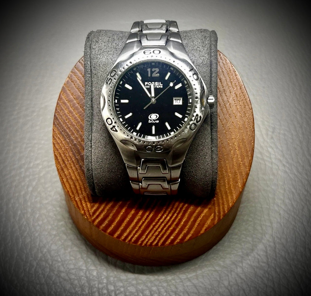 #1144 Fossil Blue Watch Men Silver Tone Black Dial 7" Band AM 3669 WR 10ATM Stainless