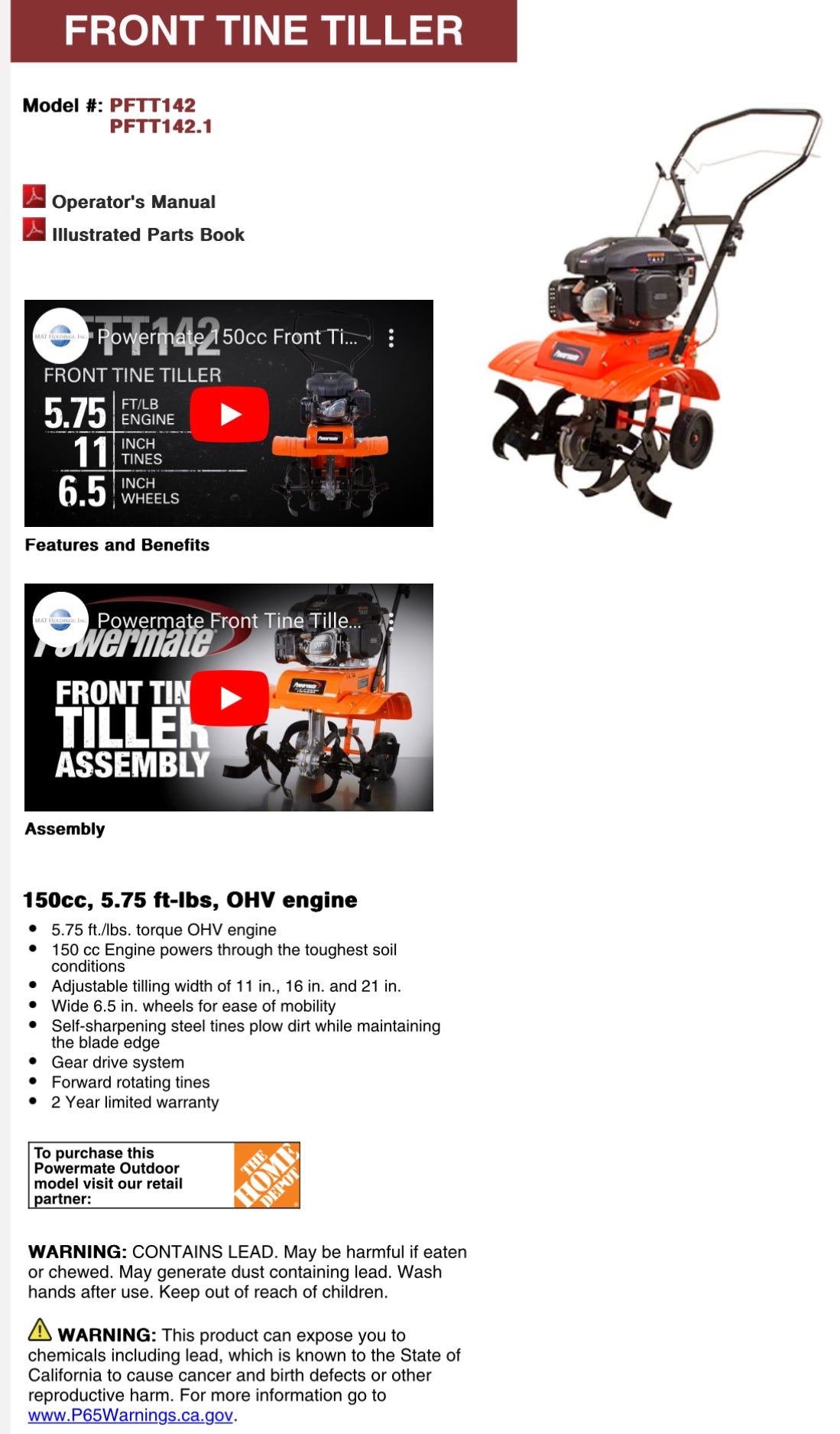 Powermate 5.0 FT-LBS orange Tiller FRONT TINE TILLER Model # PFTT142 PFTT142.1