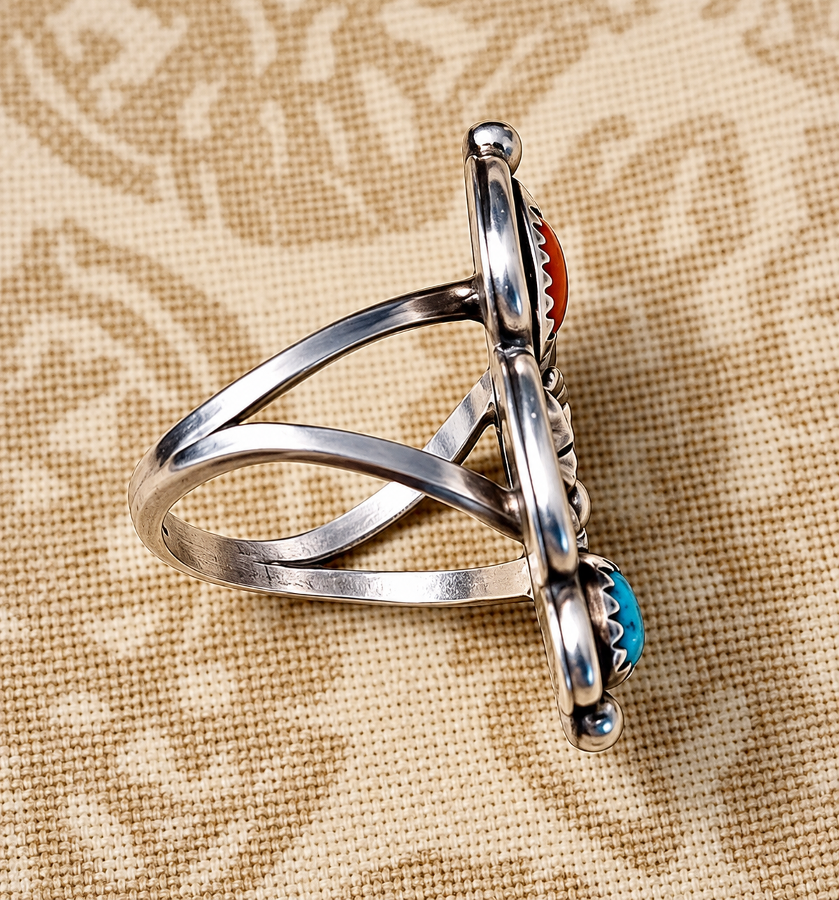 Rare Vintage Sterling Silver Turquoise & Coral Ring – Marked “E” – Size 6.5 – Inv. S#1435