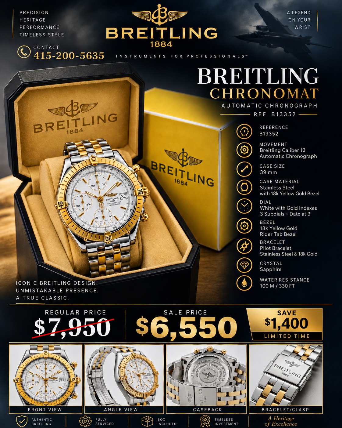 #728 Breitling Chronomat B13352 Automatic Chronograph – 18K Gold Bezel & Two-Tone Pilot Bracelet – Box Included