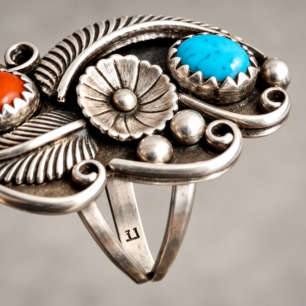 Rare Vintage Sterling Silver Turquoise & Coral Ring – Marked “E” – Size 6.5 – Inv. S#1435