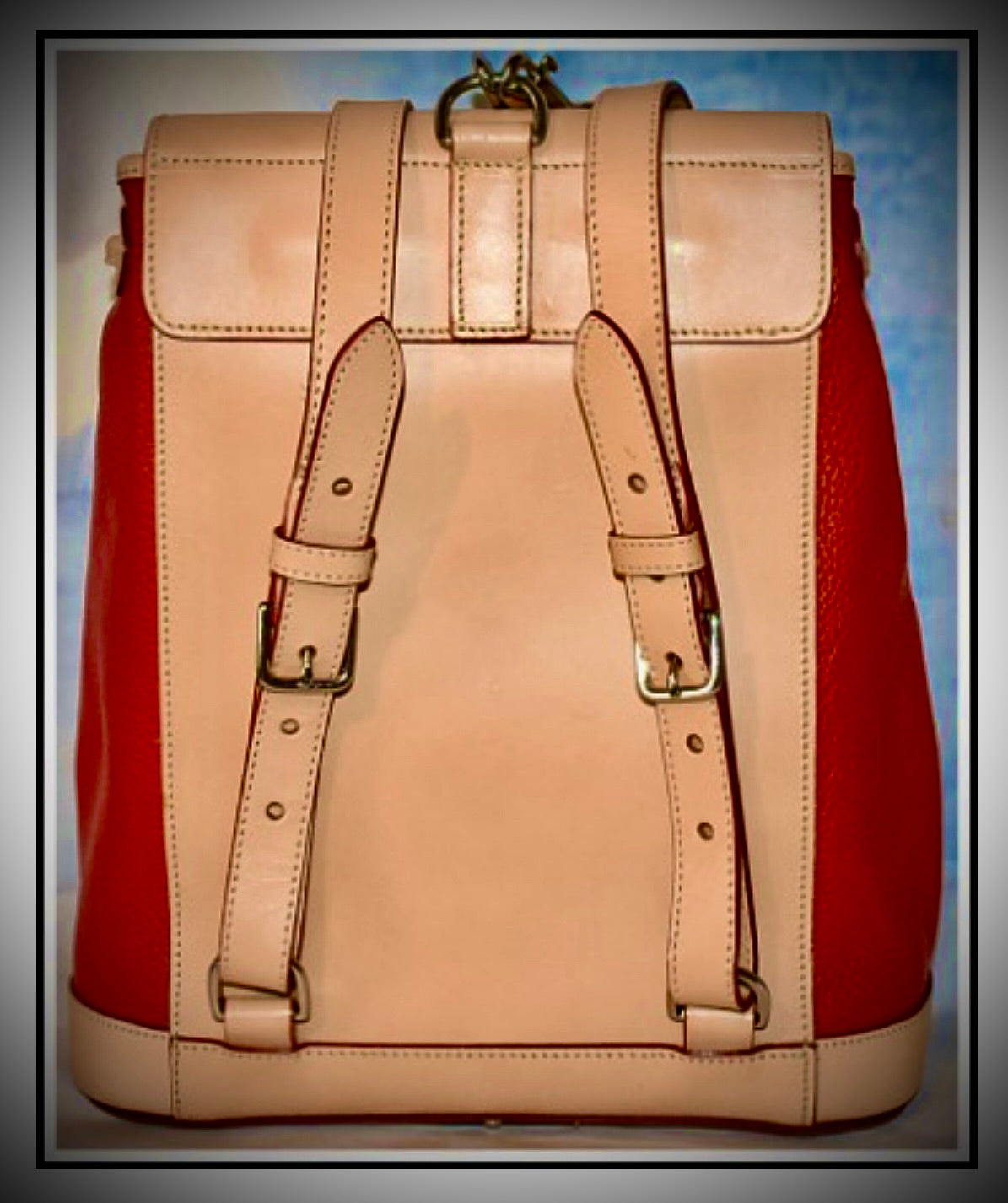 Candy Apple Red All Weather Leather Dooney Backpack Red and Beige beautiful Two tone Made in USA