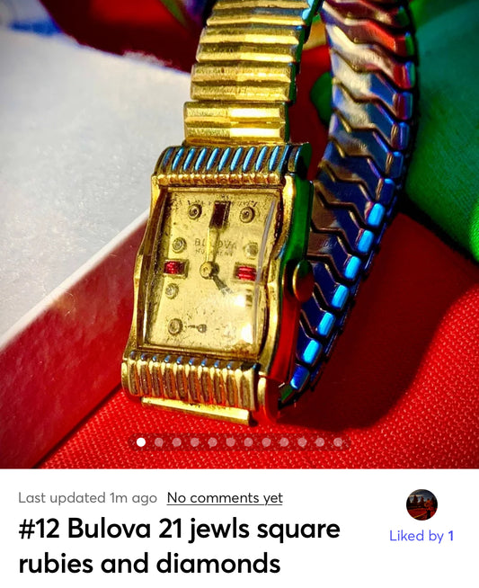 #12 Antiques Bulova 21 jewls 10 K GOLD Filled Diamonds and RUBIES watch