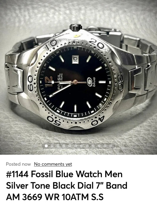 #1144 Fossil Blue Watch Men Silver Tone Black Dial 7" Band AM 3669 WR 10ATM Stainless