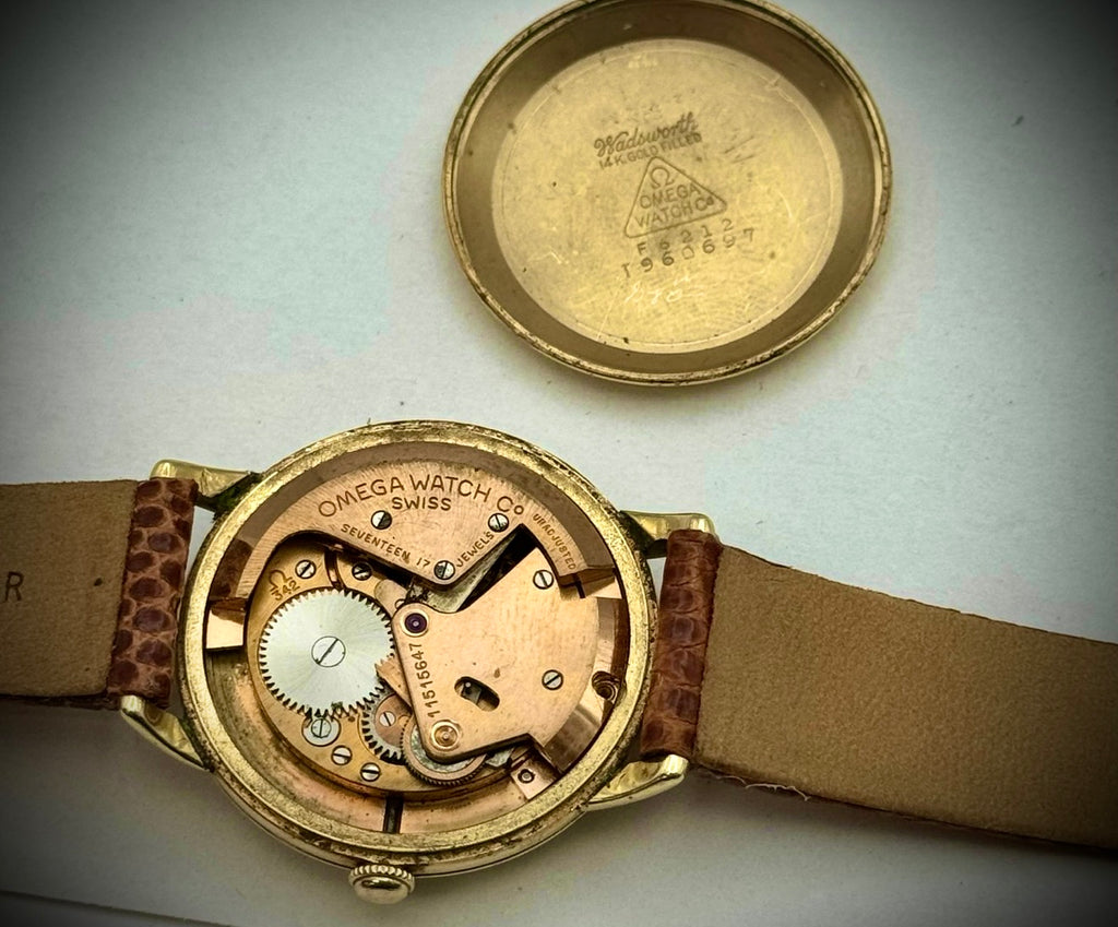 #881A VINTAGE MENS 17J 1950 OMEGA BUMPER AUTOMATIC CAL. 342 SERVICED  14K GF
