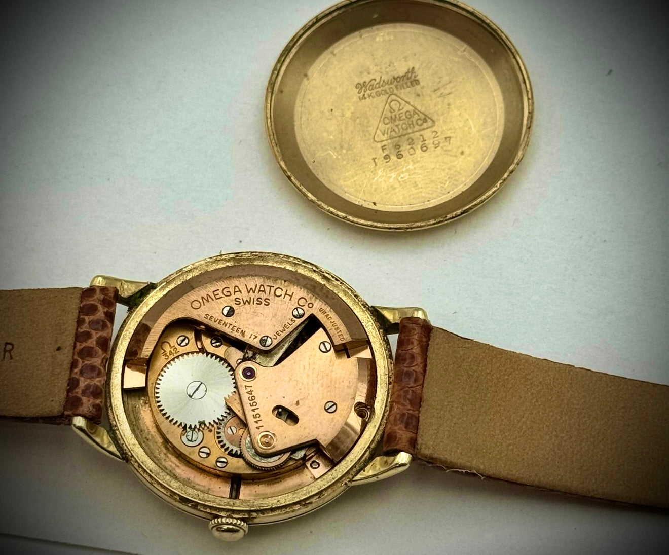 #881A VINTAGE MENS 17J 1950 OMEGA BUMPER AUTOMATIC CAL. 342 SERVICED  14K GF