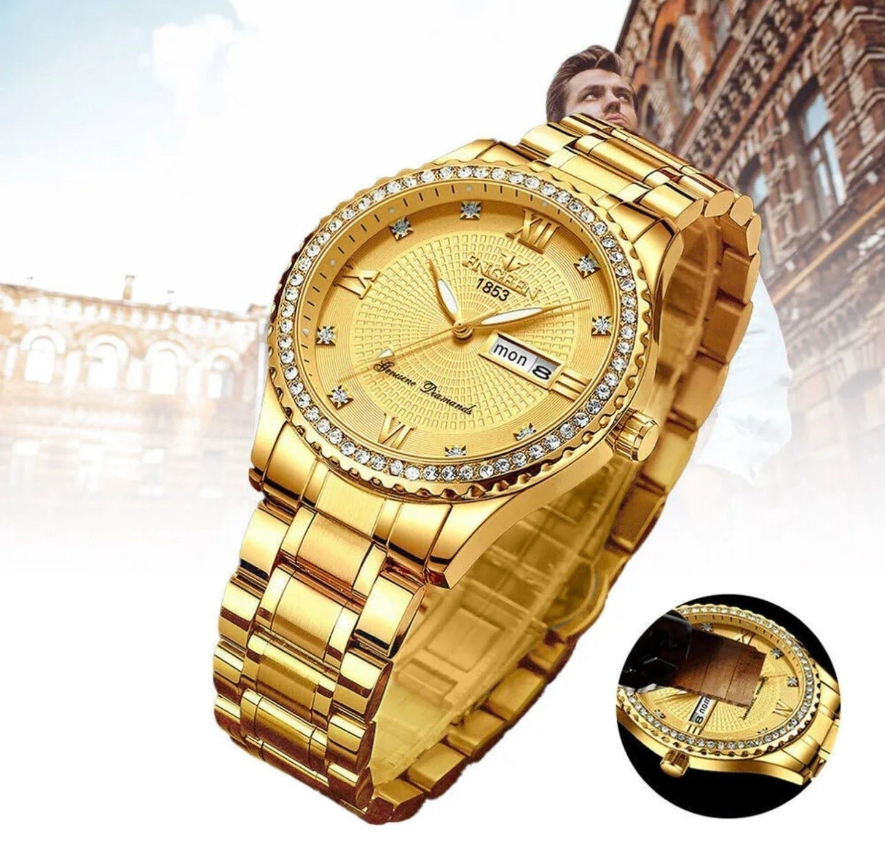 #1042 Waterproof Gold-plated Men's Watch Classic Stainless Steel beautiful