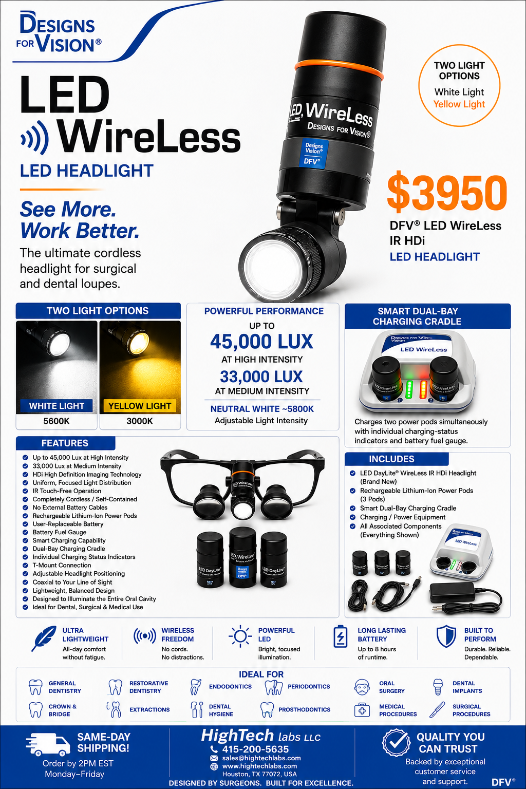 Designs for Vision LED DayLite WireLess IR HDi Dental - Oral - Plastic Surgical Headlight System