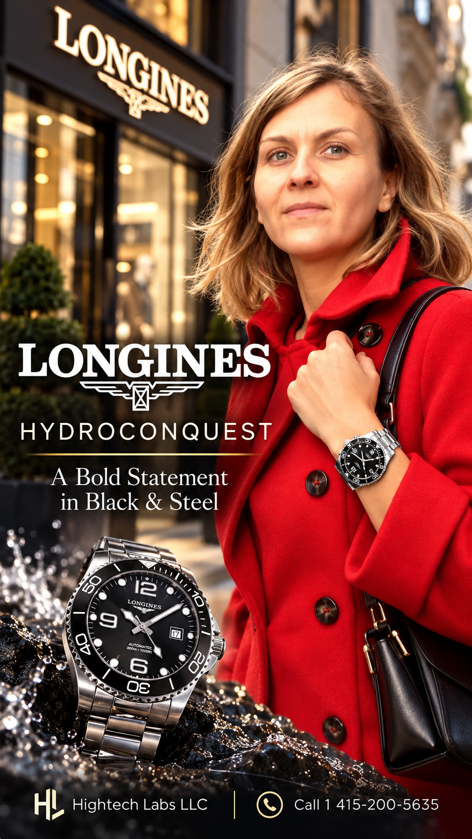 Longines HydroConquest 43mm Automatic — Black Dial, Ceramic Bezel & Stainless Steel Bracelet — Brand New Inventory # 731