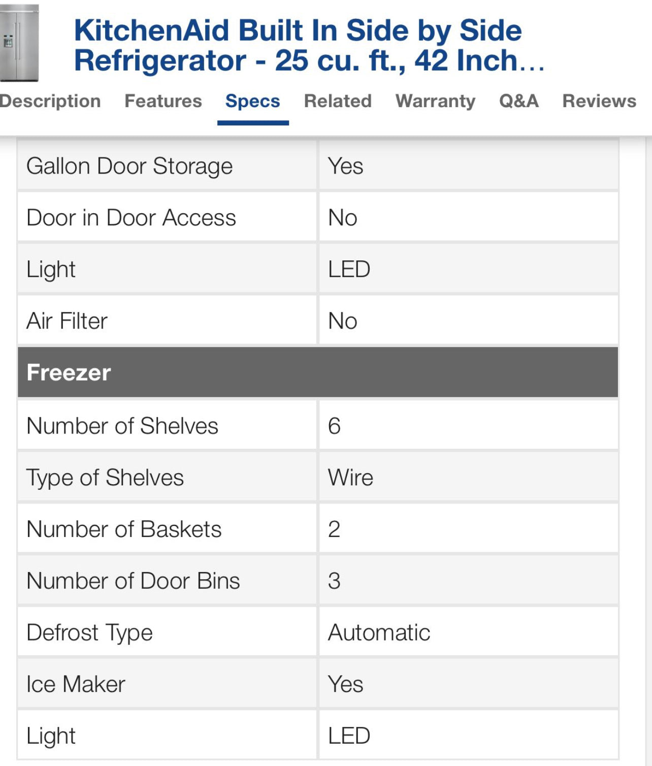 Kitchen Aid 25.1 Cu. Ft. 42" Built-In Side-By-Side Refrigerator With Ice And Water Dispenser