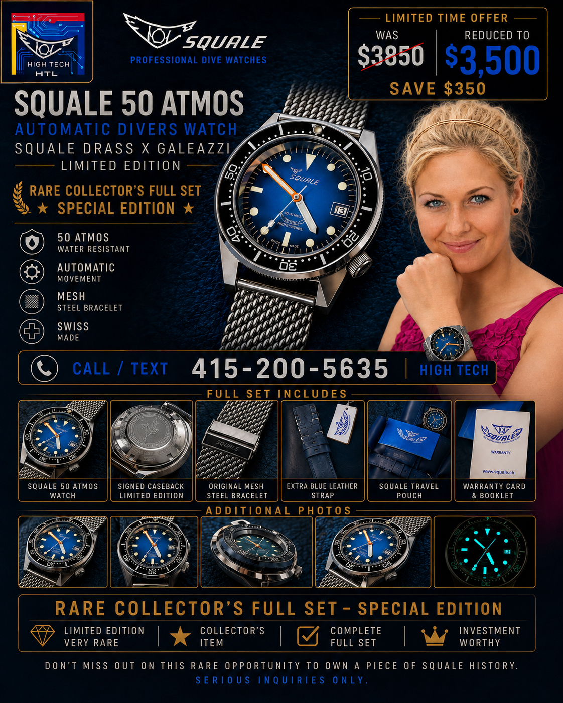 #539 SQUALE × DRASS GALEAZZI 50 ATMOS LIMITED EDITION — SWISS AUTOMATIC 500M DIVER — FULL COLLECTOR SET