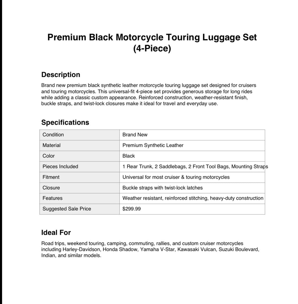 Premium 4-Piece Motorcycle Touring Luggage Set – Black Leather Look