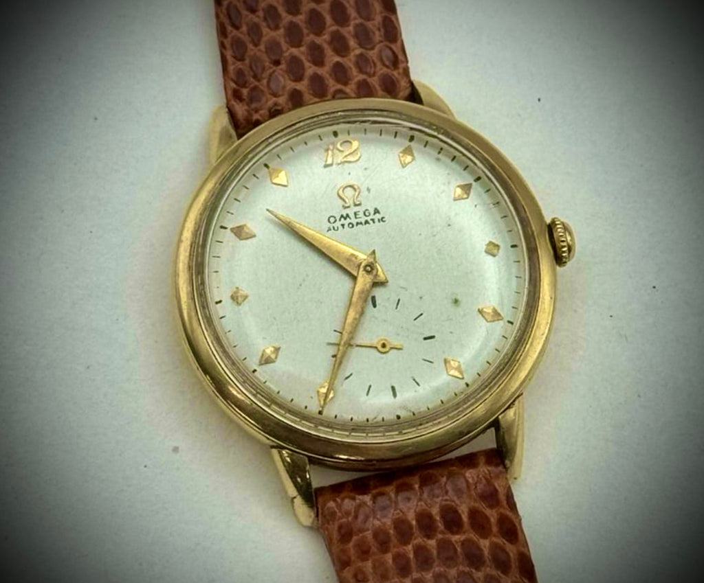 #881A VINTAGE MENS 17J 1950 OMEGA BUMPER AUTOMATIC CAL. 342 SERVICED  14K GF