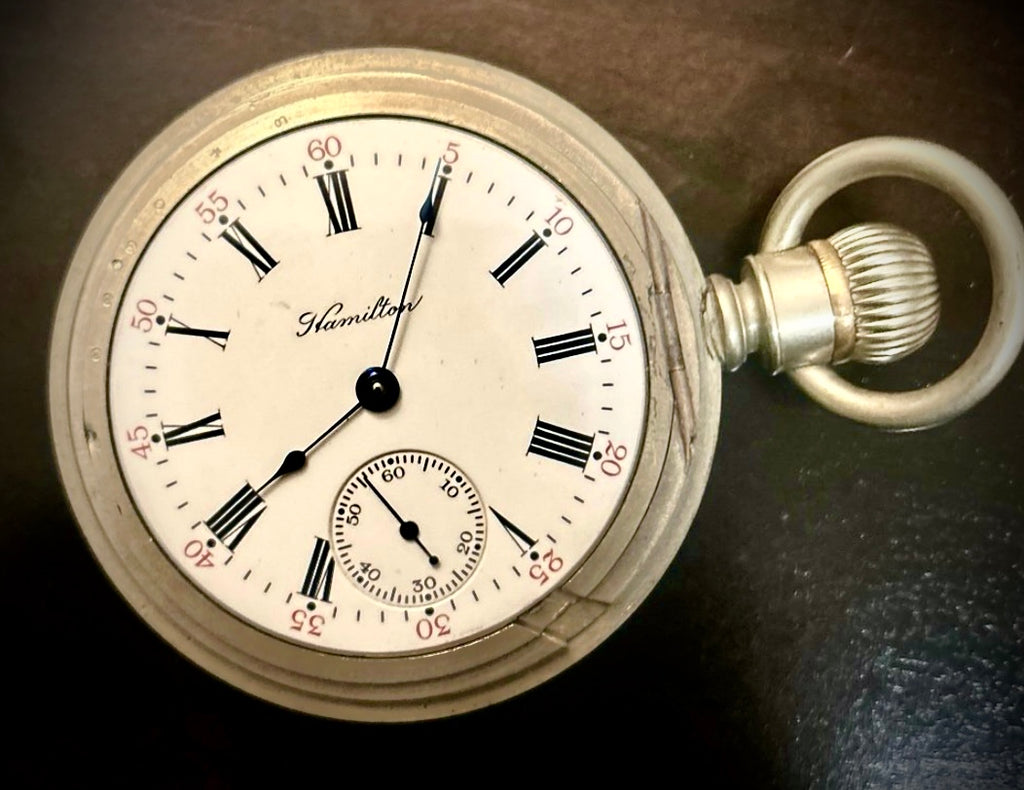 R#1417 Antique 1908 Hamilton pocket watch, adjusted movement rail road accuracy grade 974 serial number 660062 Nickel Silver Lancaster Pensilvania case no 0338048