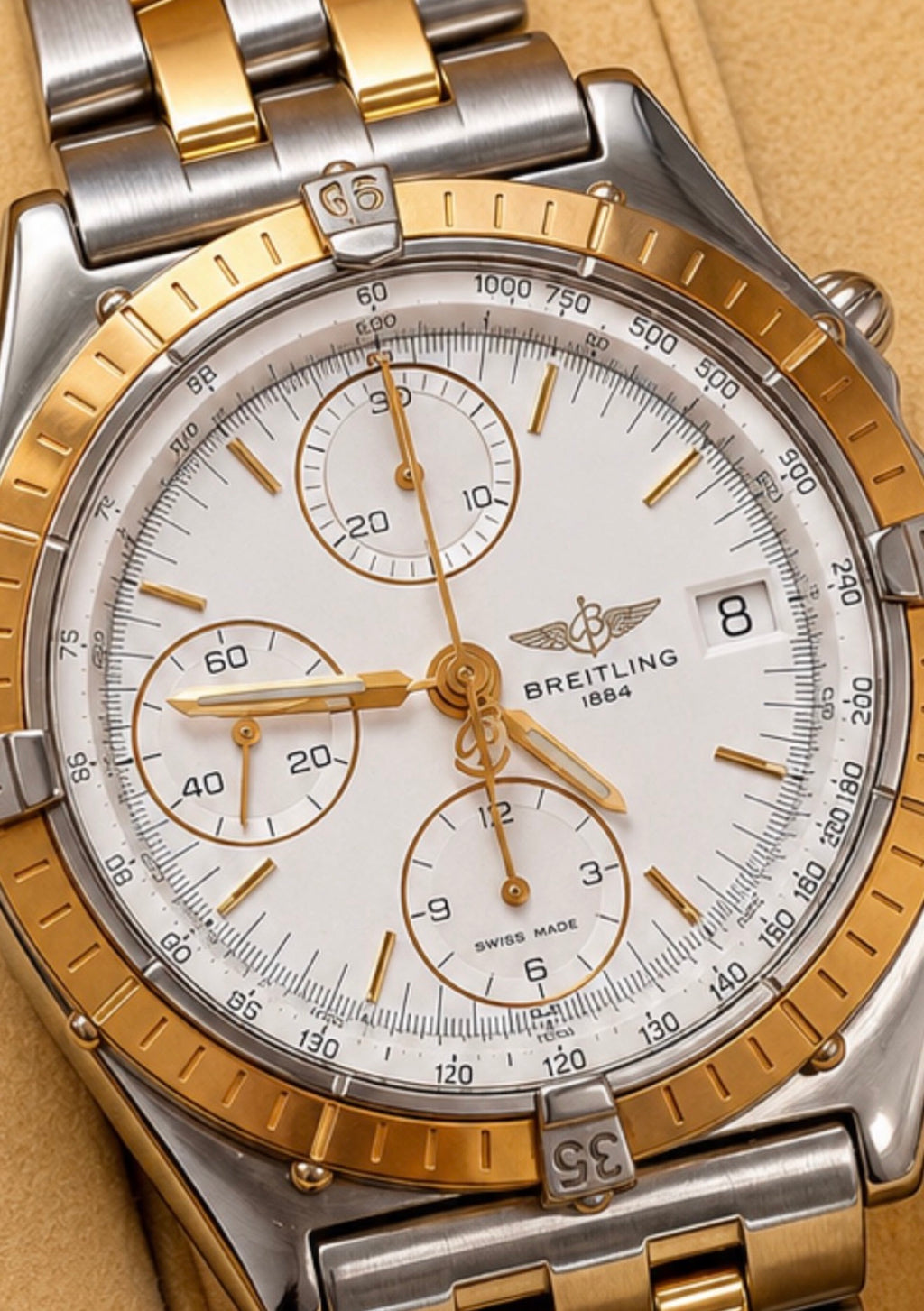 #728 Breitling Chronomat B13352 Automatic Chronograph – 18K Gold Bezel & Two-Tone Pilot Bracelet – Box Included