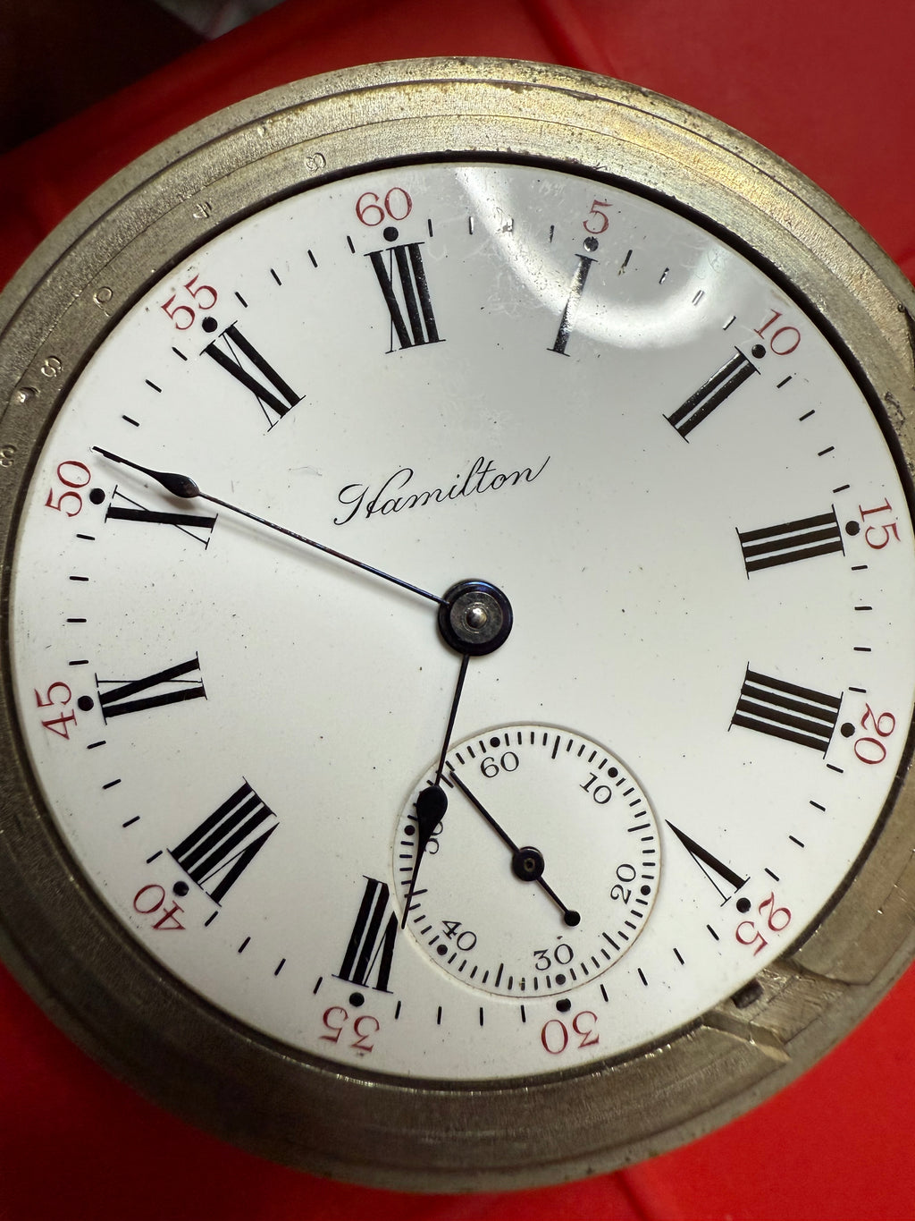 R#1417 Antique 1908 Hamilton pocket watch, adjusted movement rail road accuracy grade 974 serial number 660062 Nickel Silver Lancaster Pensilvania case no 0338048
