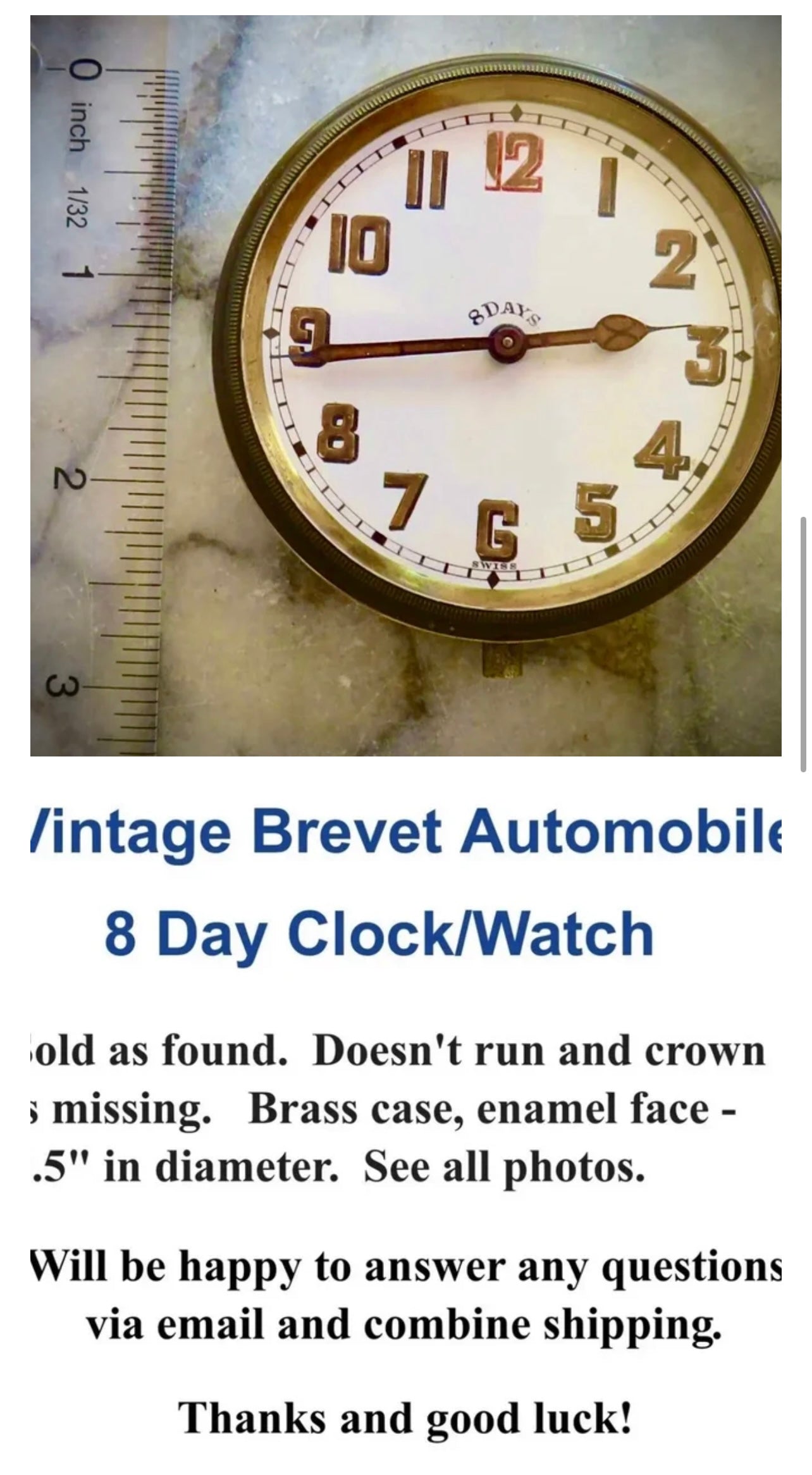 89. Vintage Brevet Automobile 8 Day Clock/Watch - Swiss Made - Good for Parts