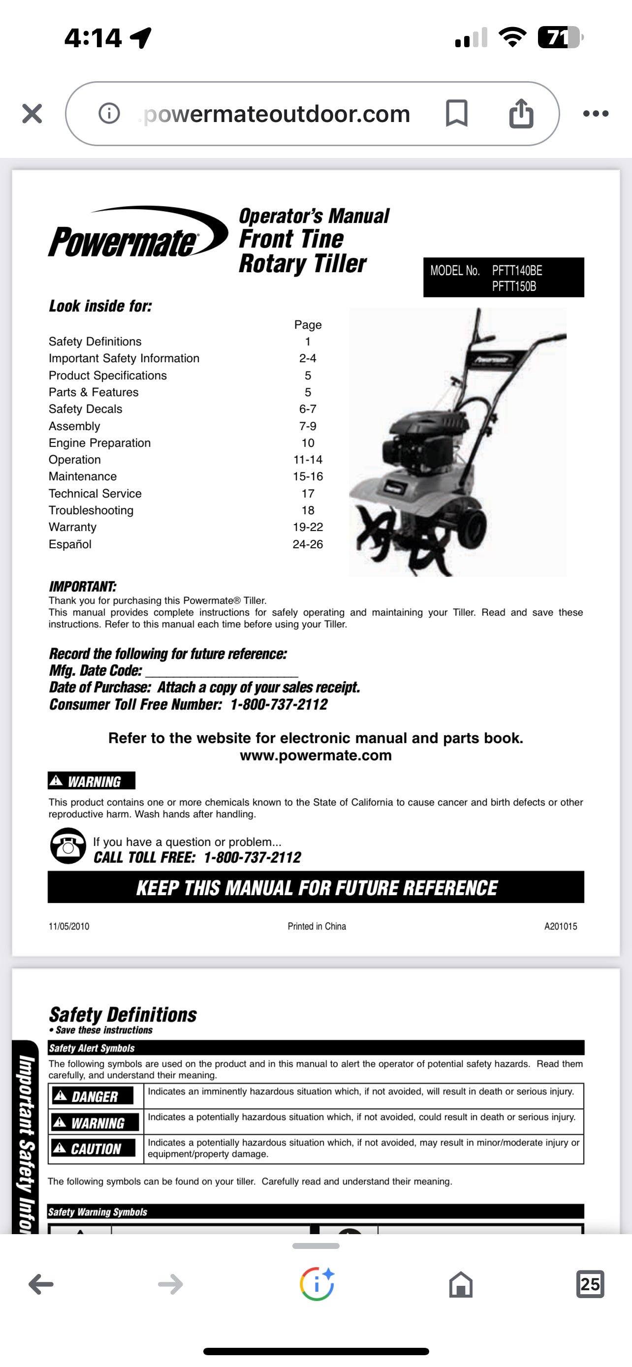 Powermate 5.0 FT-LBS orange Tiller FRONT TINE TILLER Model # PFTT142 PFTT142.1