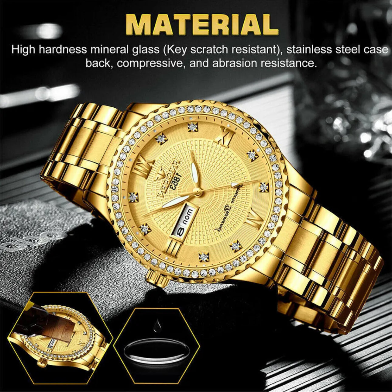 #1042 Qtyx4 Waterproof Gold-plated Men's Watch Classic Stainless Steel Quartz Holidays Business Gift