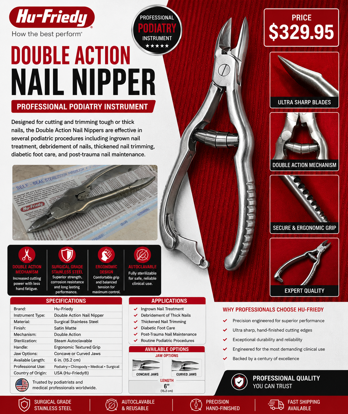 Hu-Friedy Double Action Nail Nipper – 6” Professional Podiatry Instrument