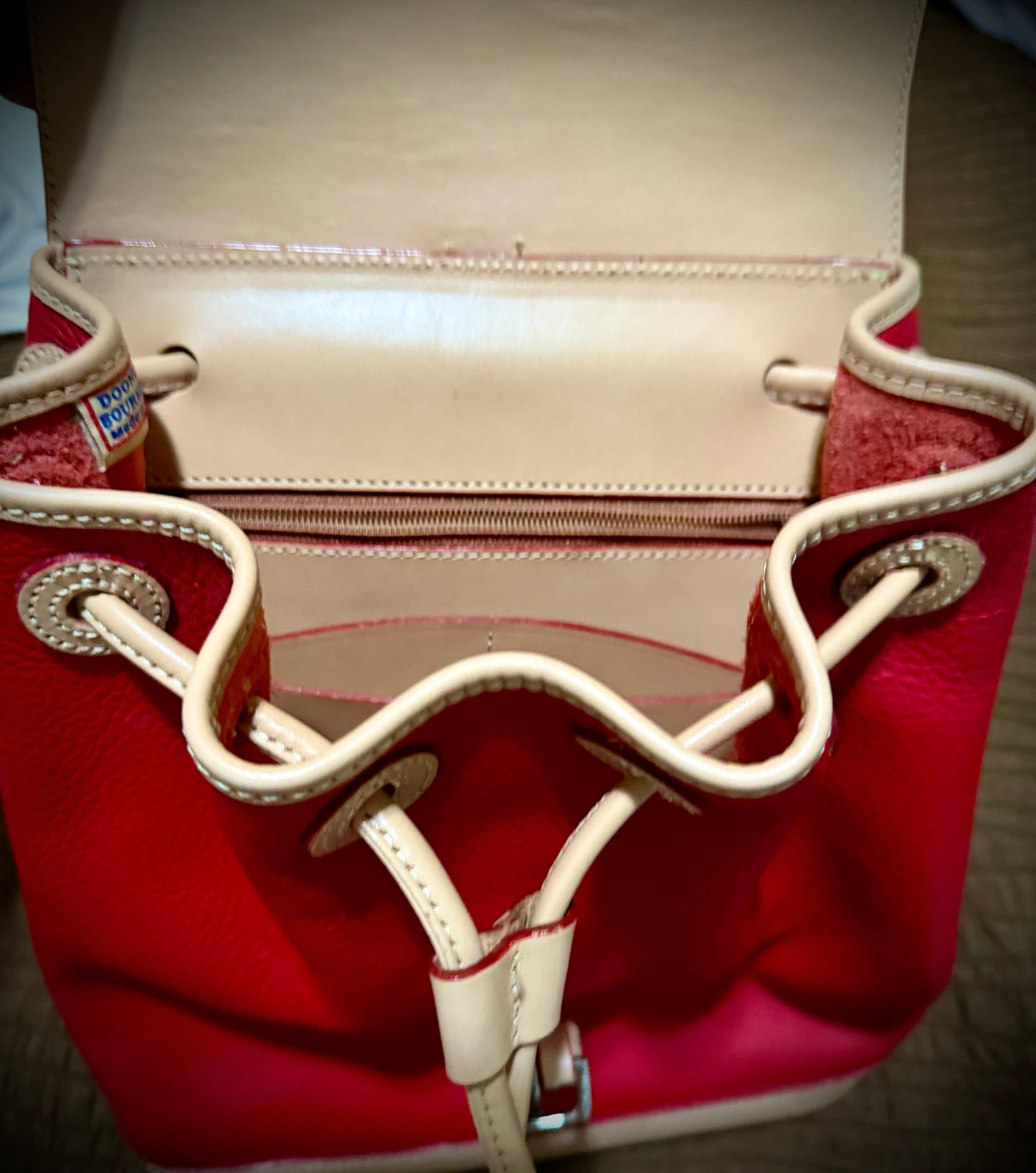 Candy Apple Red All Weather Leather Dooney Backpack Red and Beige beautiful Two tone Made in USA