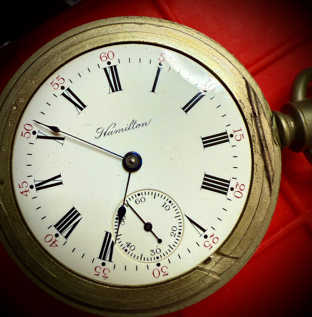 R#1417 Antique 1908 Hamilton pocket watch, adjusted movement rail road accuracy grade 974 serial number 660062 Nickel Silver Lancaster Pensilvania case no 0338048
