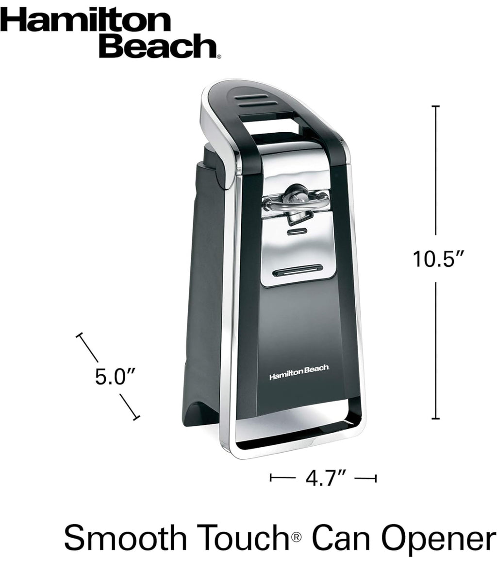 Hamilton Beach Smooth Touch Electric Automatic Can Opener with Easy Push Down Lever, Opens All Standard-Size and Pop-Top Cans, Extra Tall, Plastic Metal, Black and Chrome
