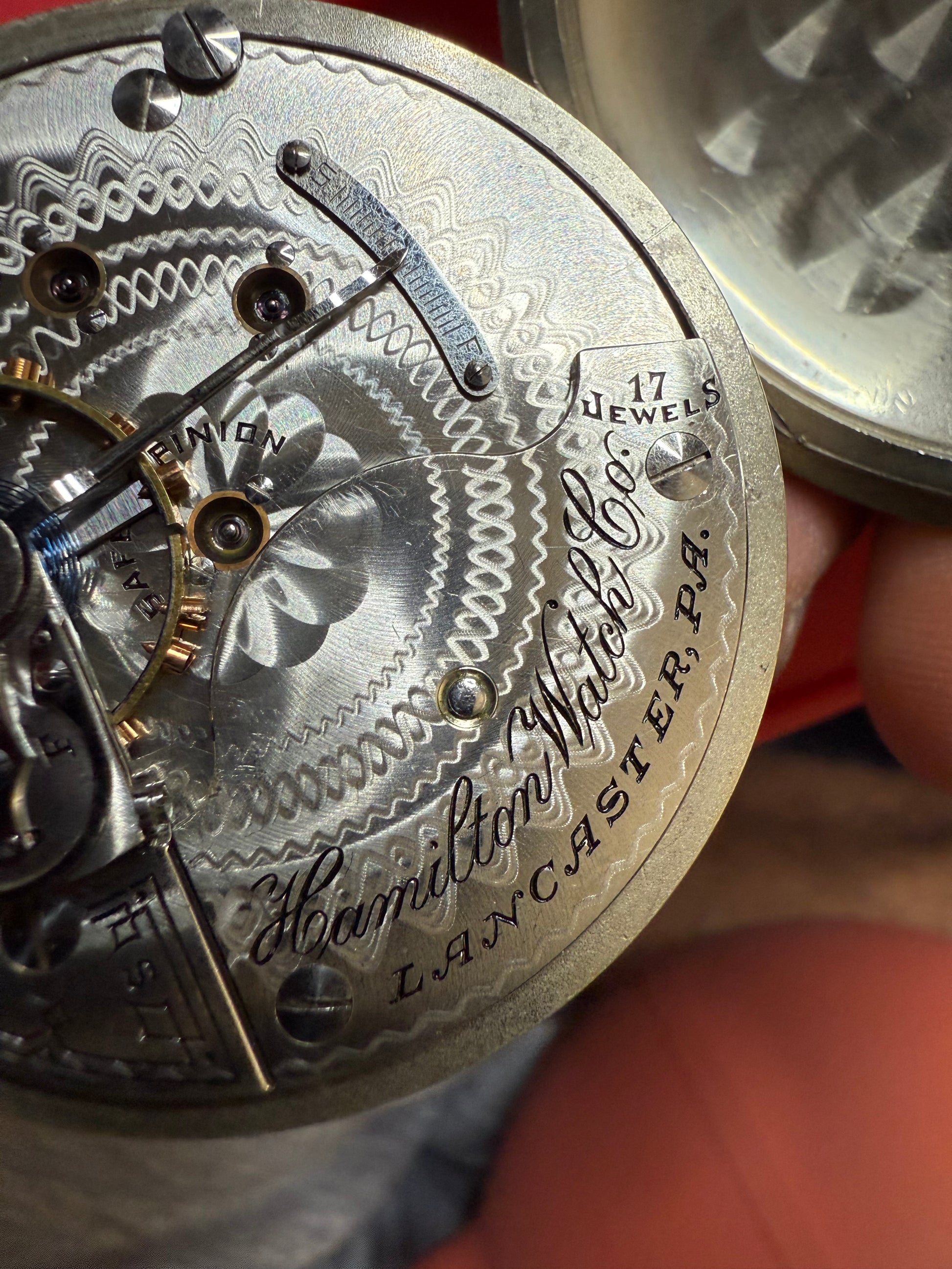R#1417 Antique 1908 Hamilton pocket watch, adjusted movement rail road accuracy grade 974 serial number 660062 Nickel Silver Lancaster Pensilvania case no 0338048