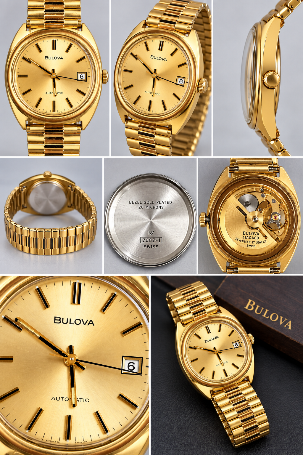 Vintage 1970s Bulova Swiss Automatic Men’s Watch – 17 Jewels – 20 Micron Gold Plated – Ref. 7687-1 Inventory #665