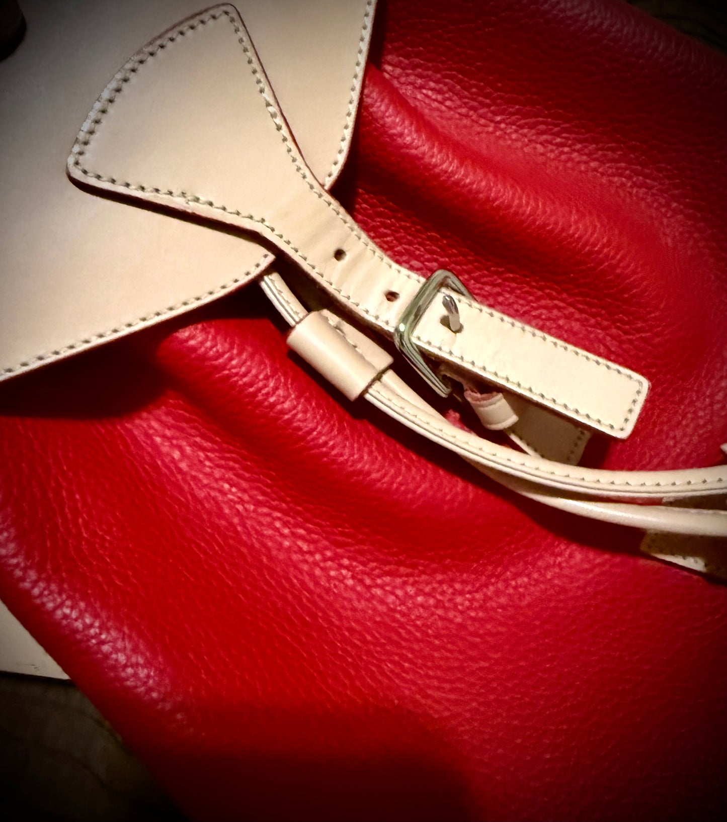 Candy Apple Red All Weather Leather Dooney Backpack Red and Beige beautiful Two tone Made in USA