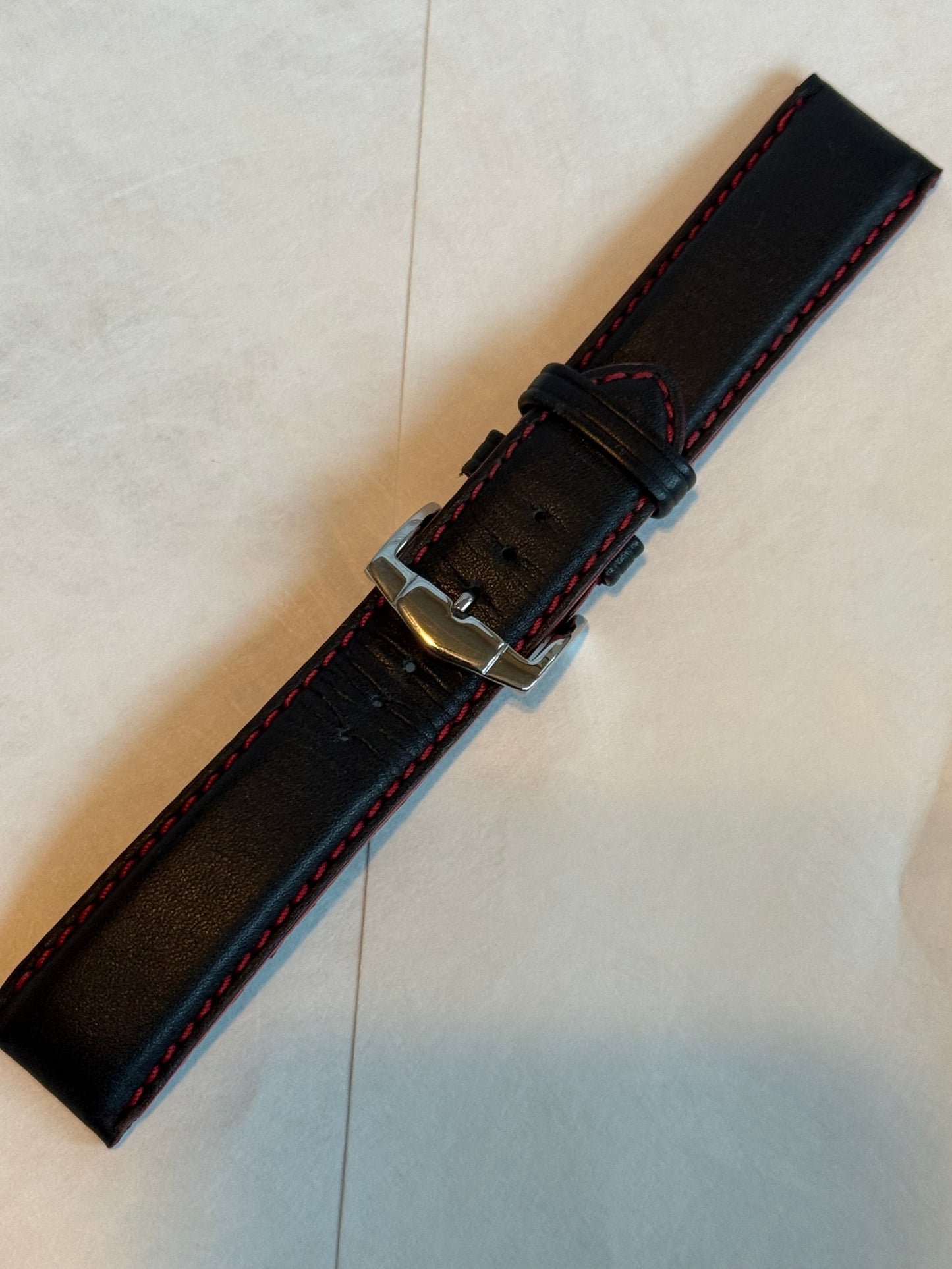 #1294A Black Leather band with red stitching Interchangeable Watch Band Strap ONLY (watch NOT included)