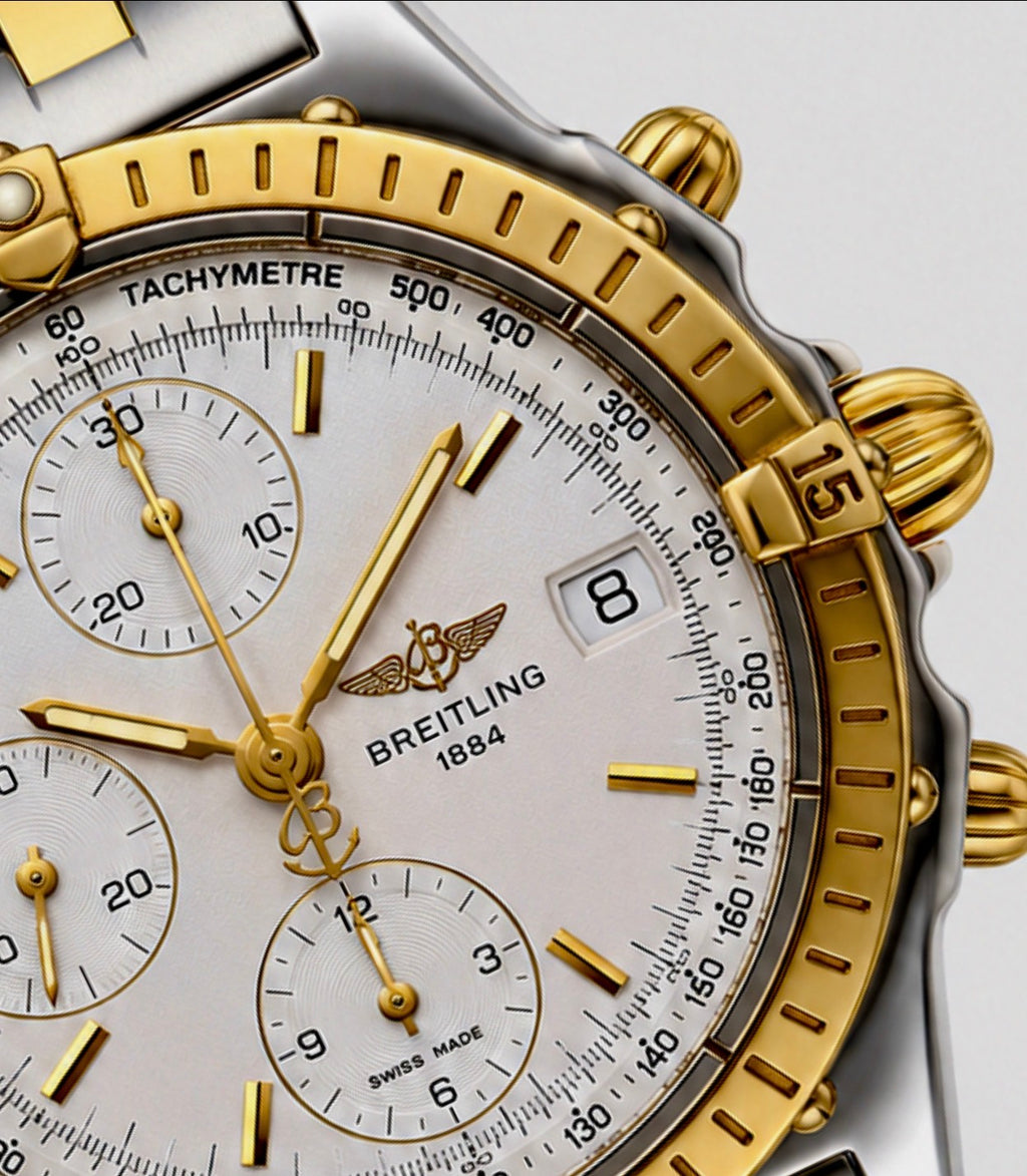 #728 Breitling Chronomat B13352 Automatic Chronograph – 18K Gold Bezel & Two-Tone Pilot Bracelet – Box Included
