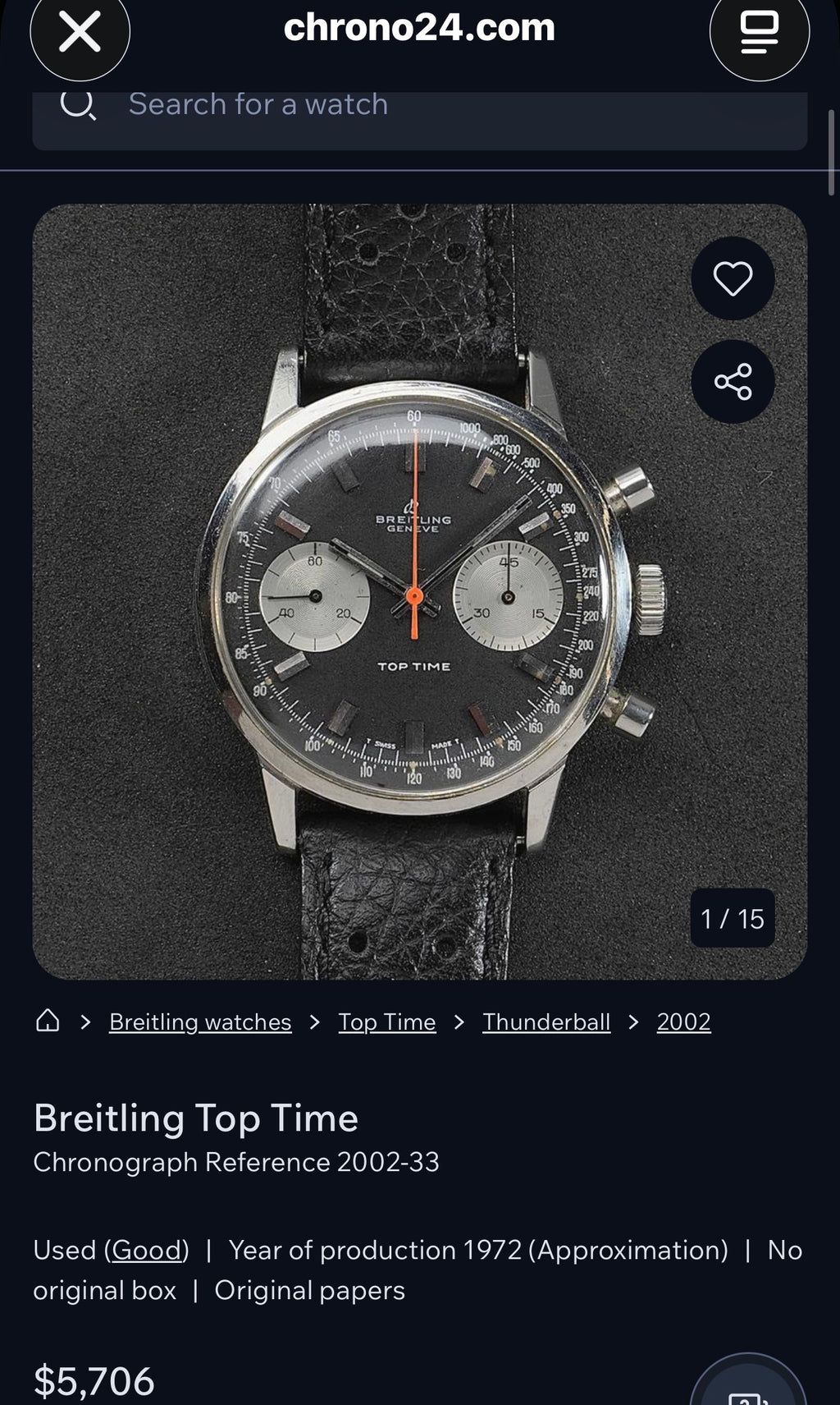 #1374 Vintage Breitling Top Time Ref. 2002 Chronograph – Swiss Manual Wind – Silver Dial – 1960s
