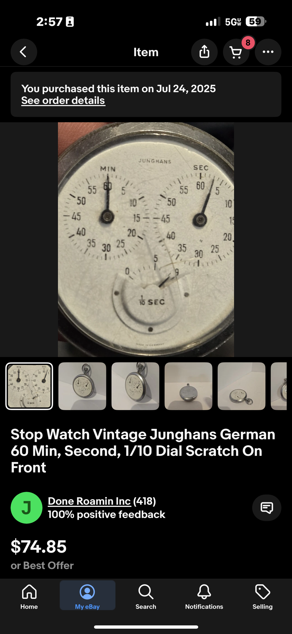 R#1423 Stop Watch Vintage Junghans German 60 Min, Second, 1 10 Dial Scratch On Front Working a bit jamming
