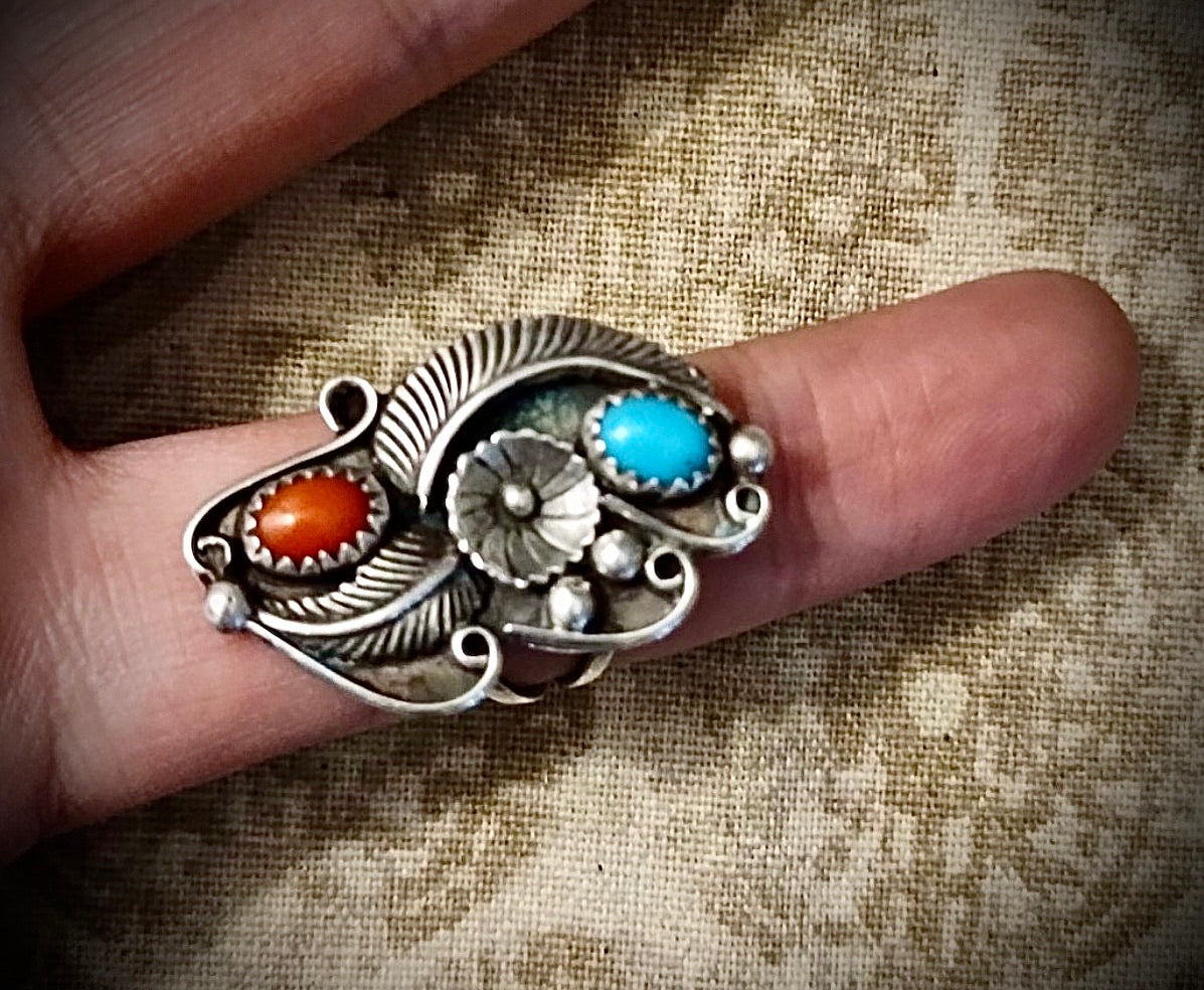 Vintage Sterling Silver Native American Ring Marked “E” Turquoise & Coral Size 6.5