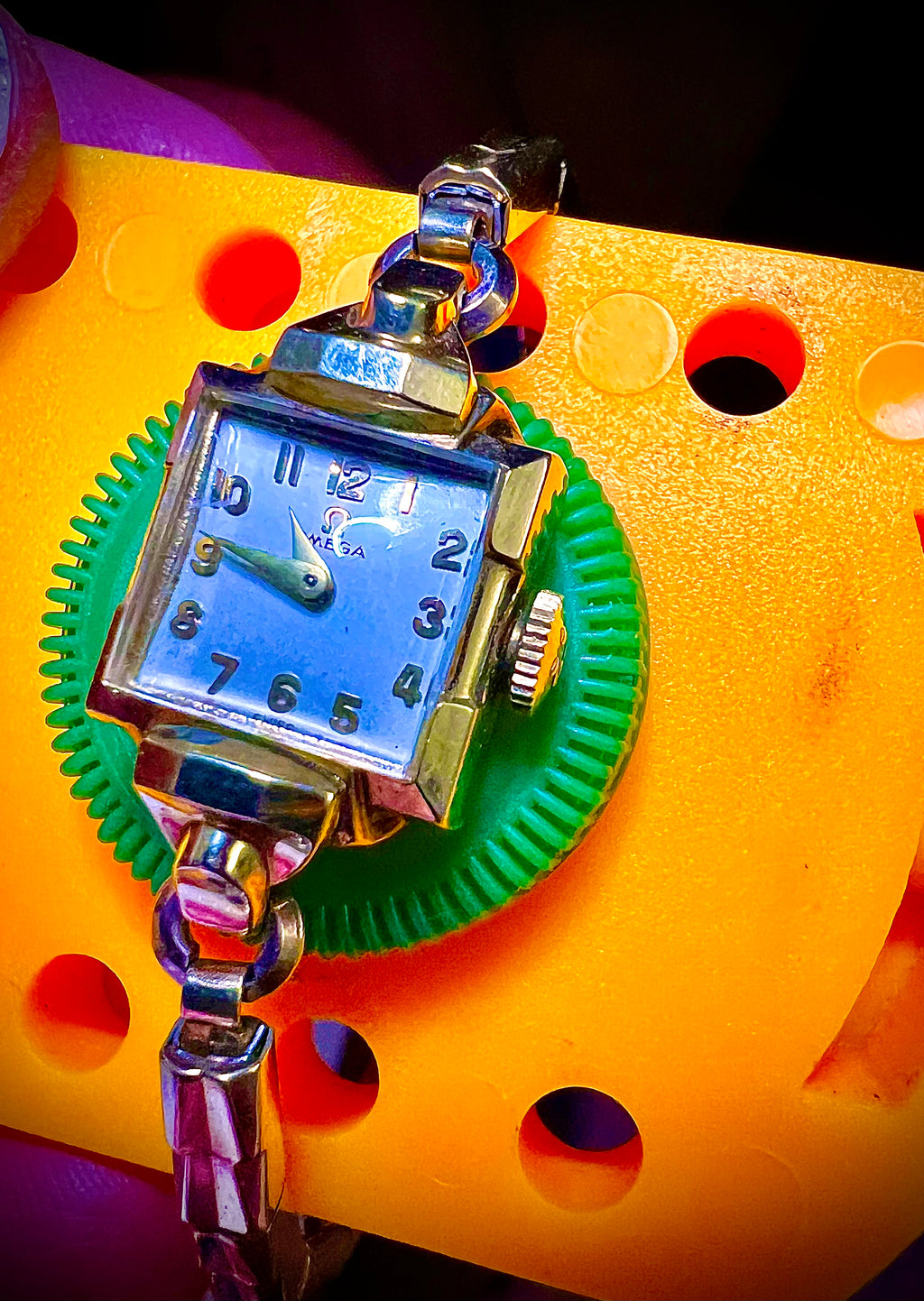 #1211 Omega ladies square 14K Gold filled beautiful 1920s Ladies Cocktail wrist watch