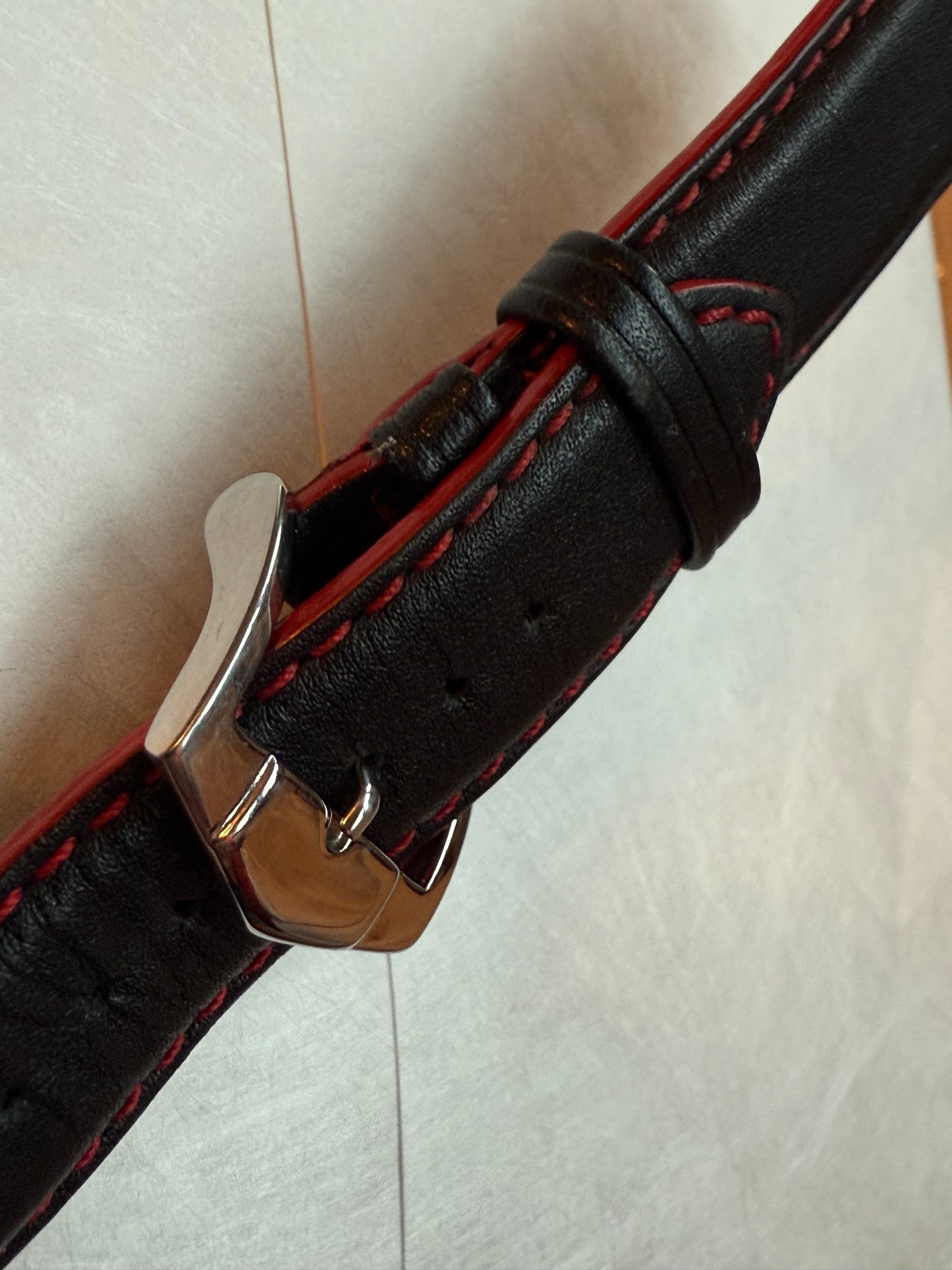 #1294A Black Leather band with red stitching Interchangeable Watch Band Strap ONLY (watch NOT included)