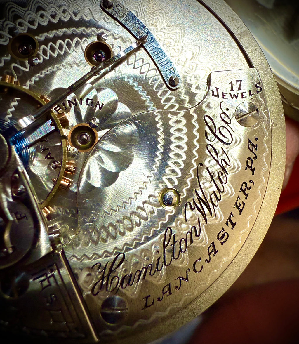 R#1417 Antique 1908 Hamilton pocket watch, adjusted movement rail road accuracy grade 974 serial number 660062 Nickel Silver Lancaster Pensilvania case no 0338048