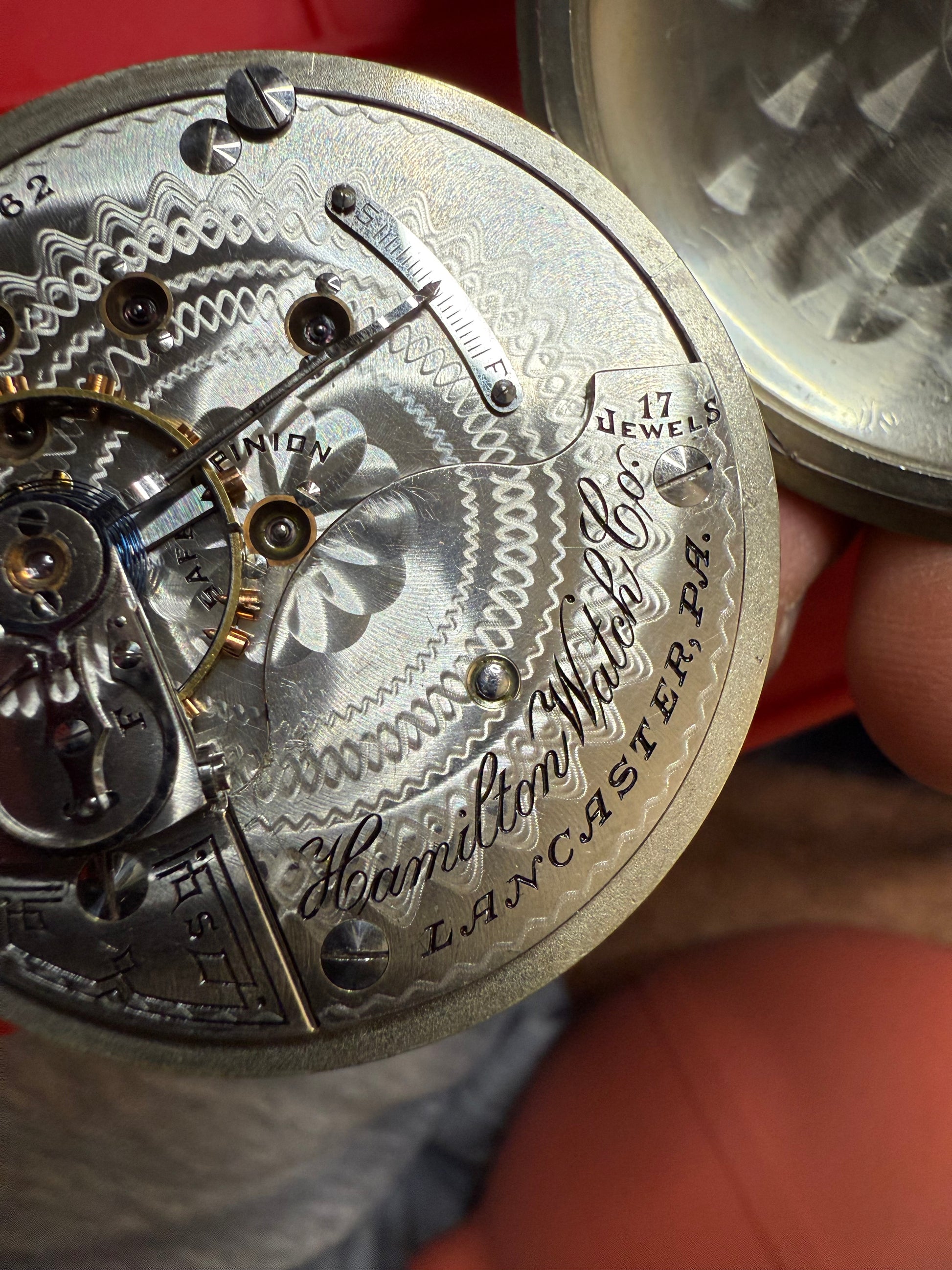R#1417 Antique 1908 Hamilton pocket watch, adjusted movement rail road accuracy grade 974 serial number 660062 Nickel Silver Lancaster Pensilvania case no 0338048