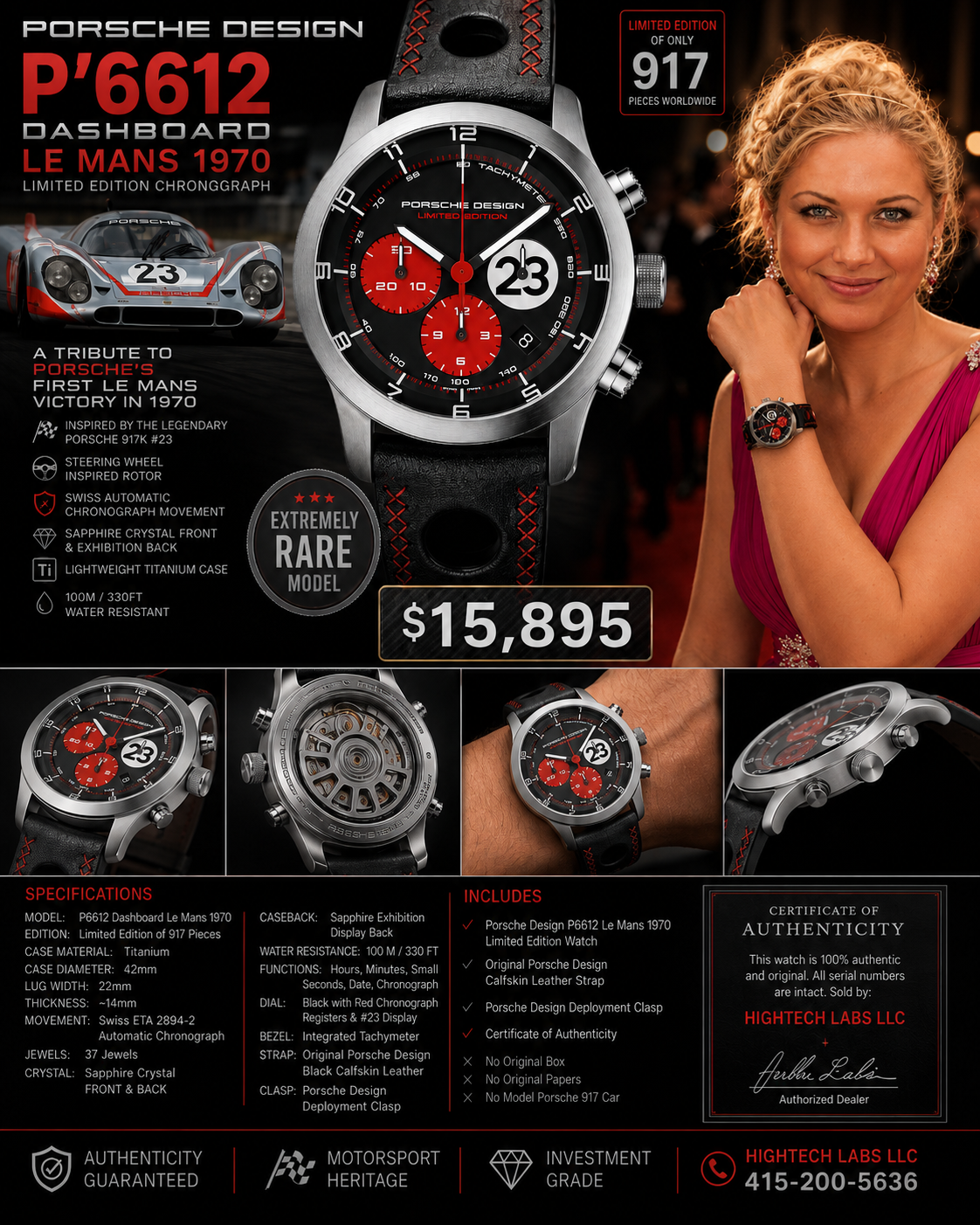 #616 Porsche Design P6612 Dashboard Chronograph Limited Edition Titanium Swiss Automatic case 42mm Lugs 22mmHighly Collectable Titanium watch car 23 winner of 1970 Lemont
