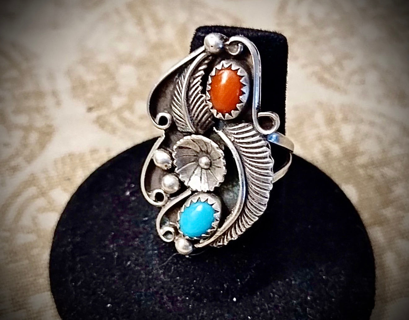 Vintage Sterling Silver Native American Ring Marked “E” Turquoise & Coral Size 6.5