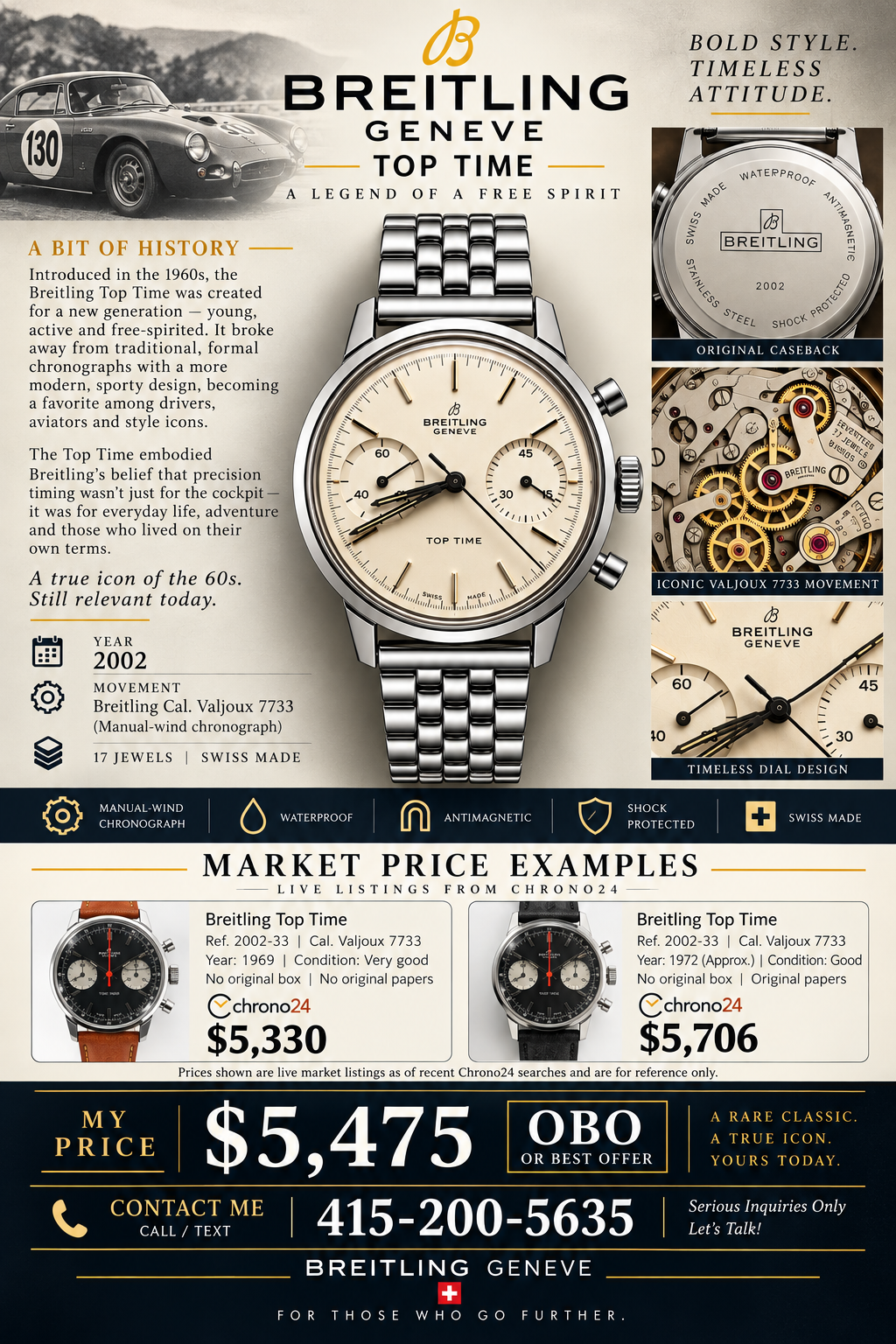 #1374 Vintage Breitling Top Time Ref. 2002 Chronograph – Swiss Manual Wind – Silver Dial – 1960s