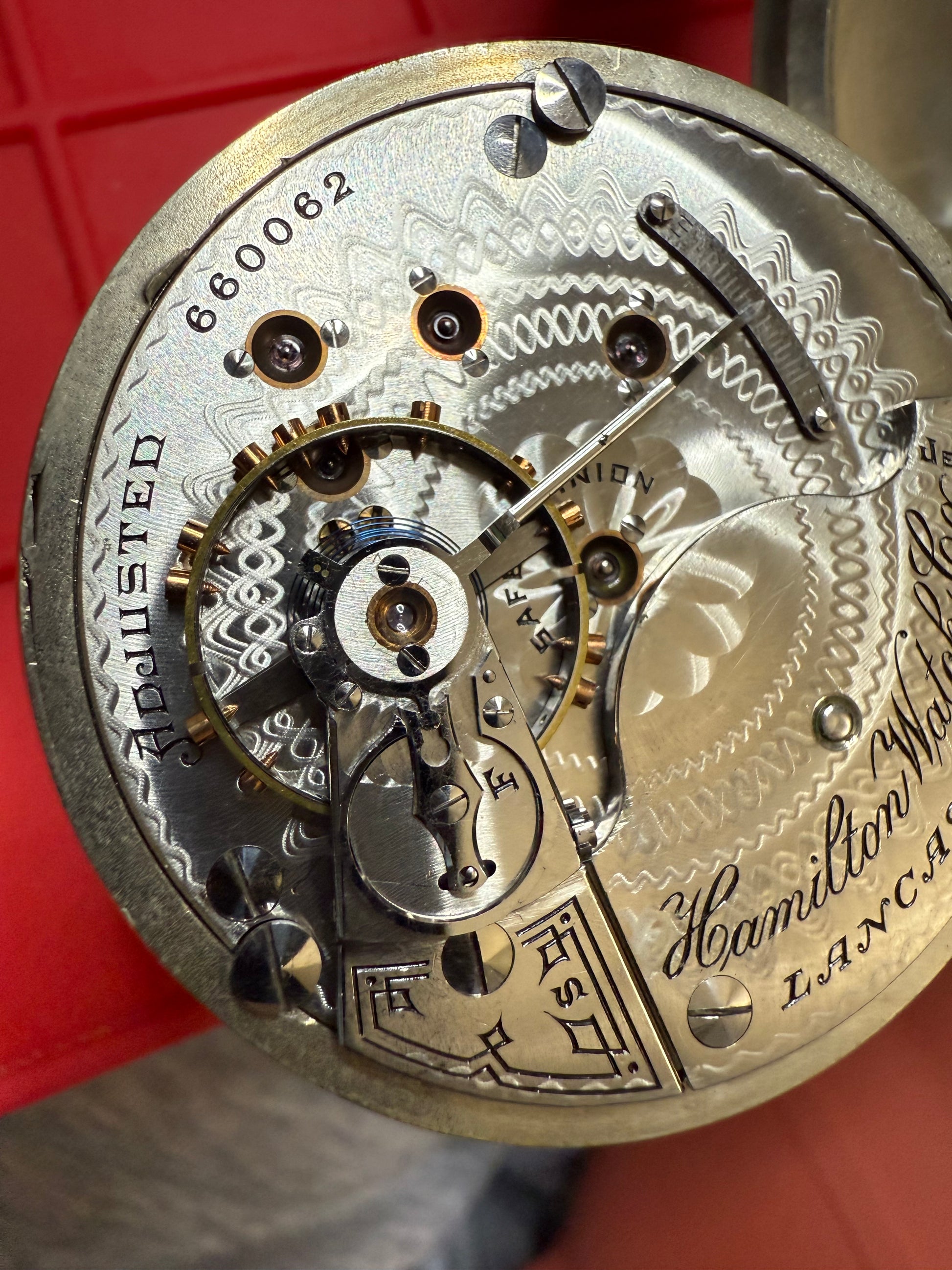 R#1417 Antique 1908 Hamilton pocket watch, adjusted movement rail road accuracy grade 974 serial number 660062 Nickel Silver Lancaster Pensilvania case no 0338048