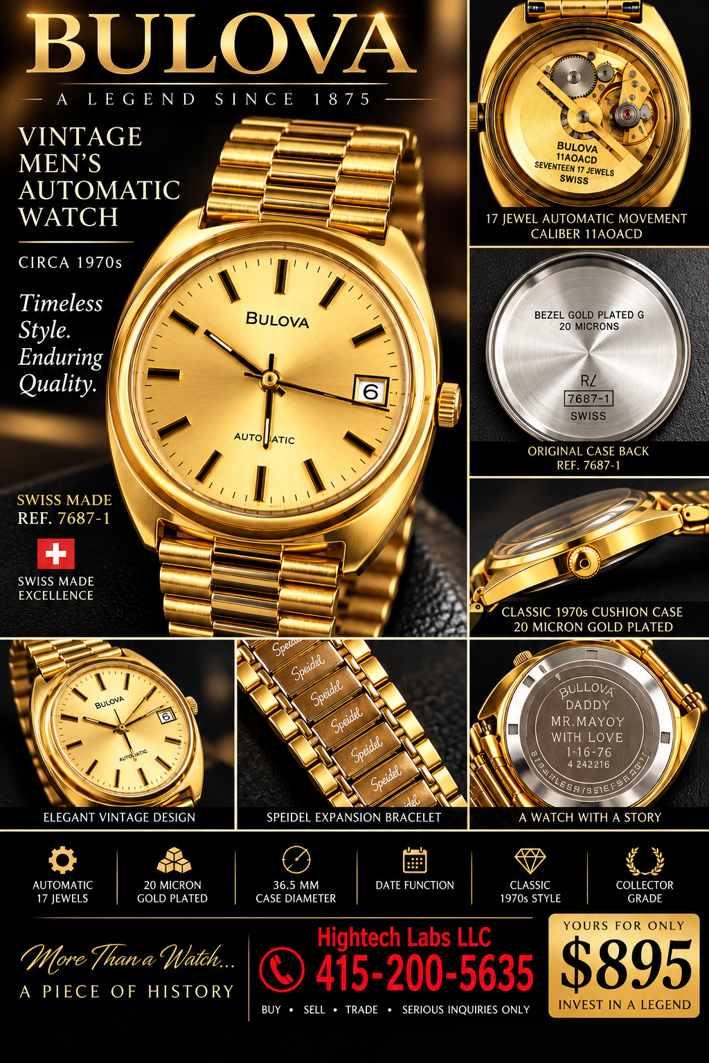 Vintage 1970s Bulova Swiss Automatic Men’s Watch – 17 Jewels – 20 Micron Gold Plated – Ref. 7687-1 Inventory #665
