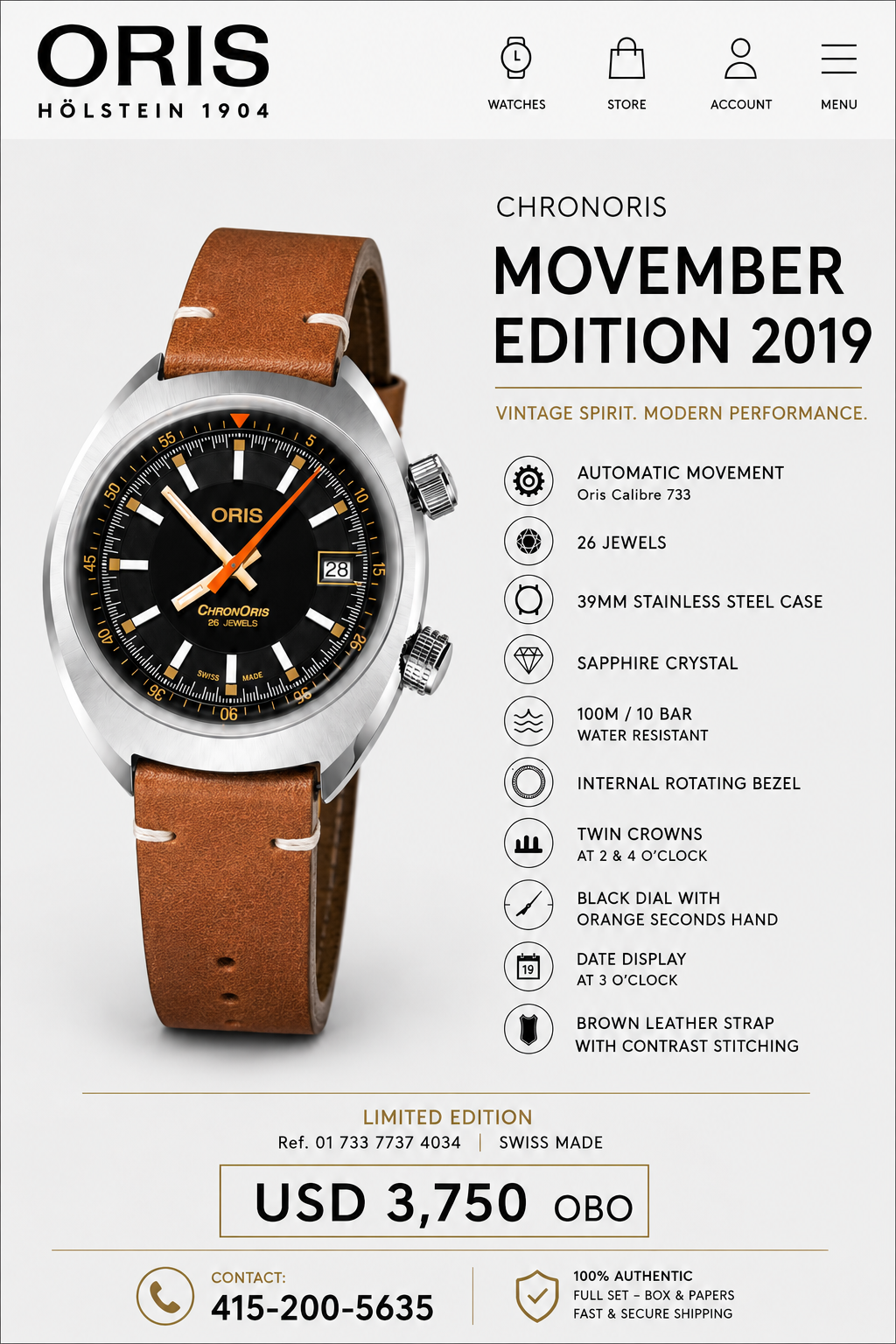 ORIS Chronoris Movember Edition 2019 – Calibre 733 – Full Set – Brand New – Ref. 01 733 7737 4034 inventory # 618