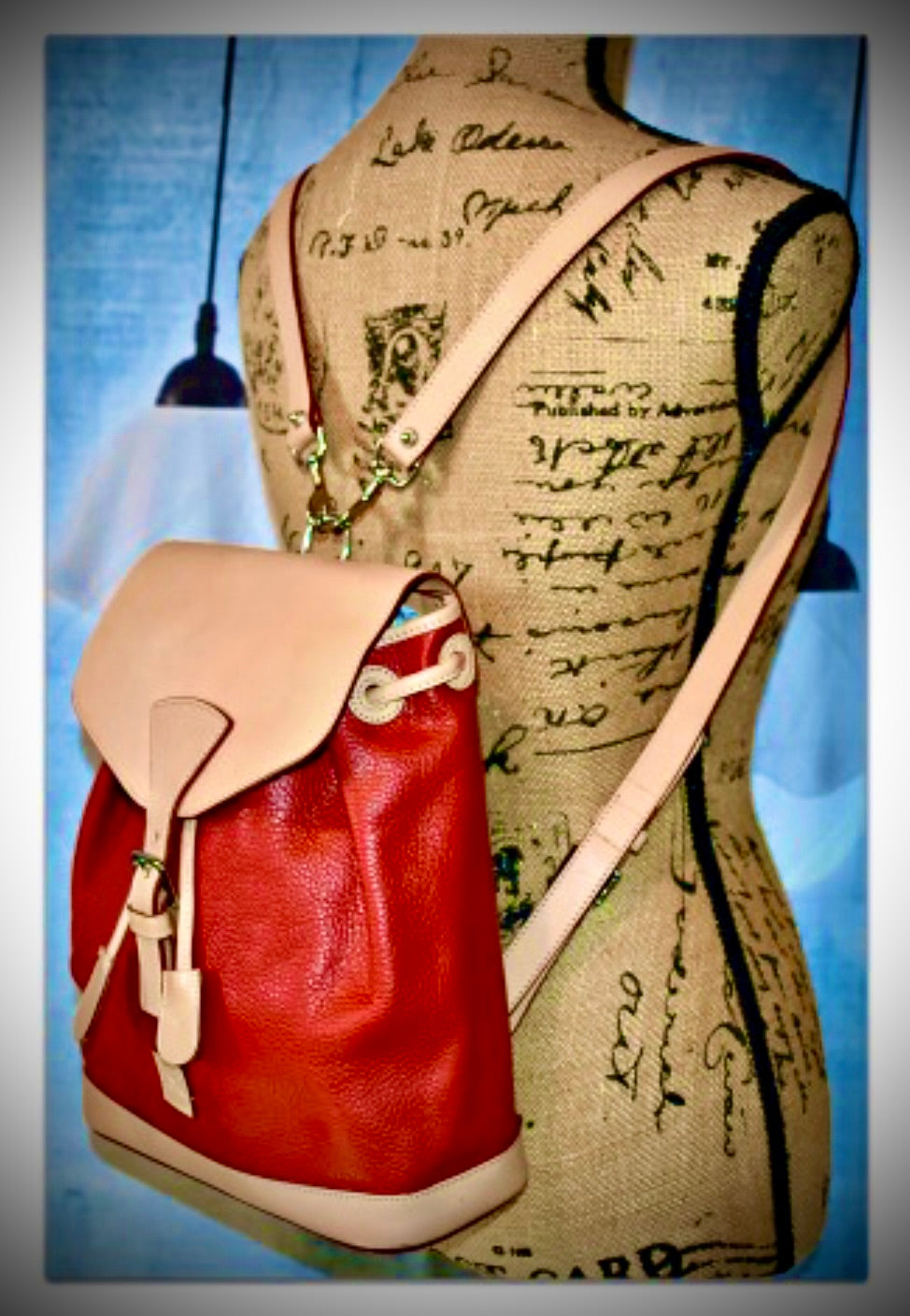 Candy Apple Red All Weather Leather Dooney Backpack Red and Beige beautiful Two tone Made in USA