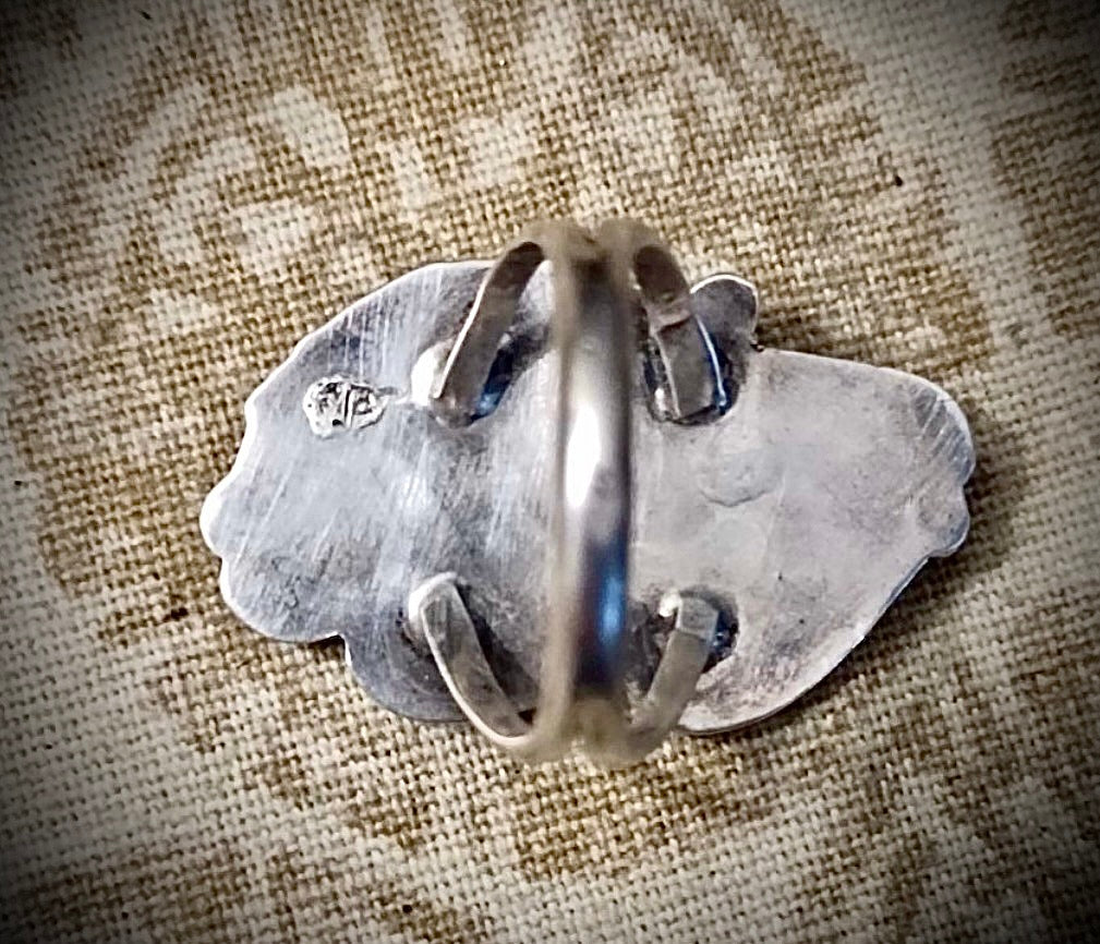 Vintage Sterling Silver Native American Ring Marked “E” Turquoise & Coral Size 6.5