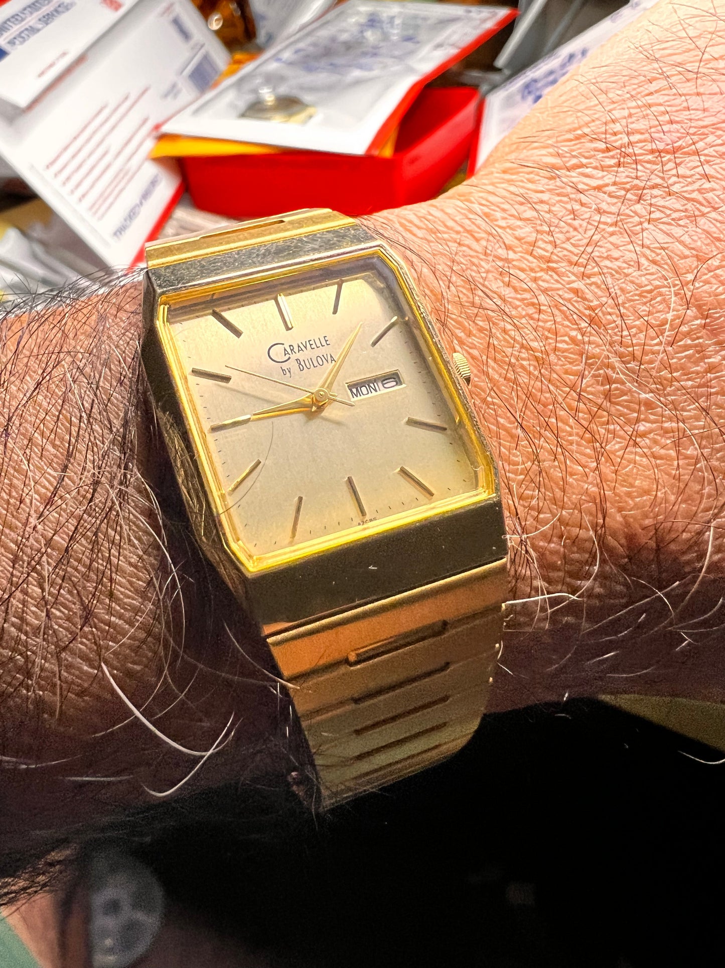 #1031 Vintage Caravelle by Bulova Watch. Water resistant. Stainless steel back works great day date quartz keeping accurate time