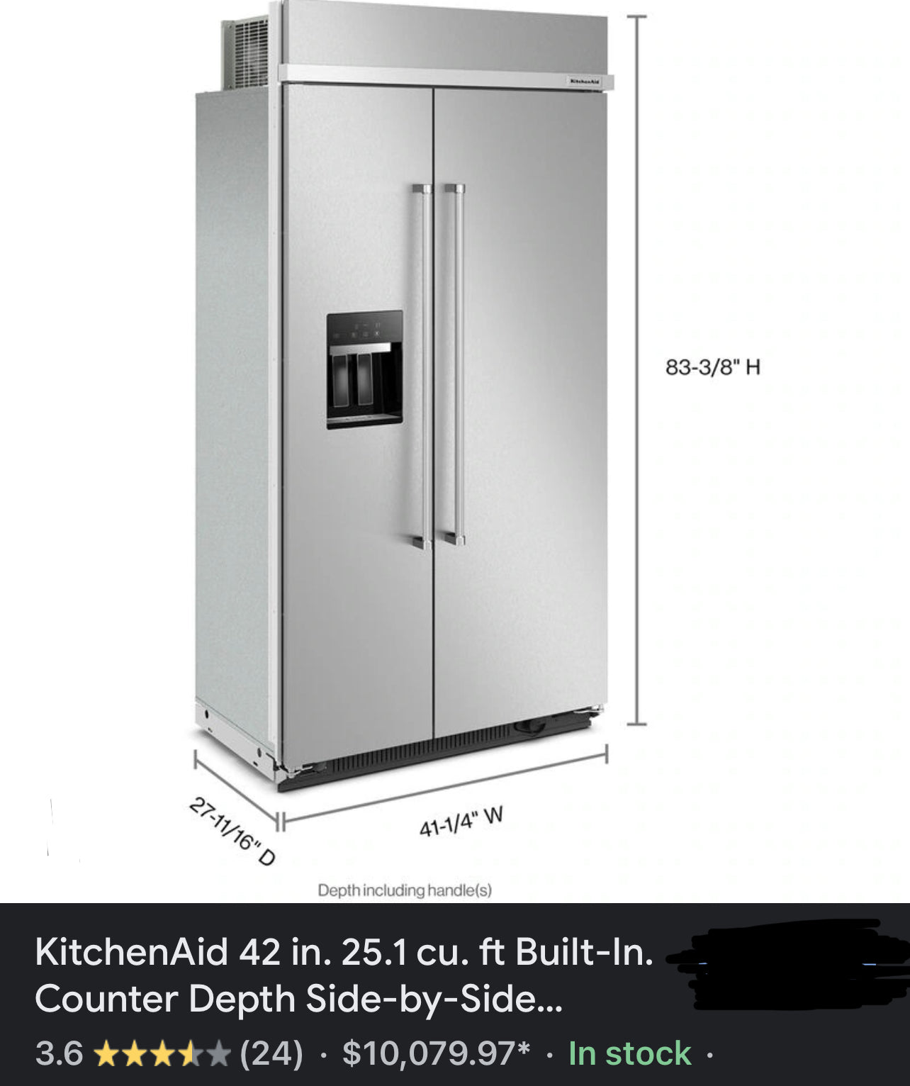 Kitchen Aid 25.1 Cu. Ft. 42" Built-In Side-By-Side Refrigerator With Ice And Water Dispenser